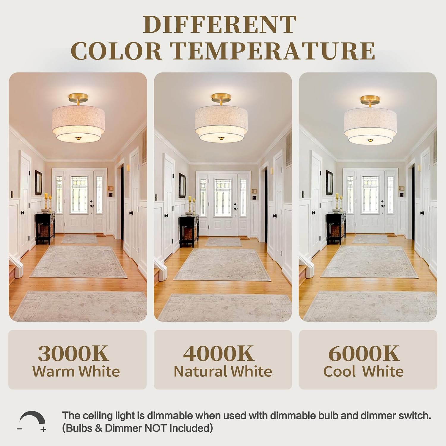 Zlepmlla 12.6'' Semi Flush Mount Ceiling Light, Gold Light Fixture with Two Layers Fabric Linen Shade, 3-Light Drum Light Fixture for Entryway Bedroom Hallway Foyer Kitchen