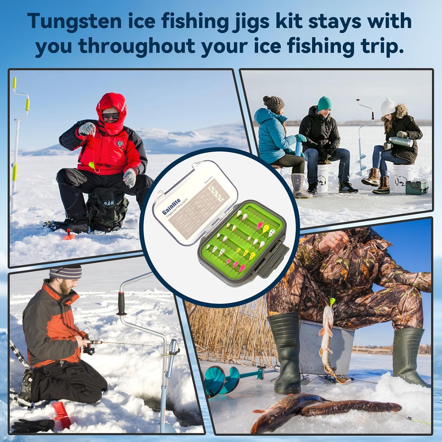 Tungsten Ice Fishing Jigs Kit, 15/21/30/45-Piece 3.2/4/5/6mm Glow in Dark Tear Drop Lures with 2-Sided Waterproof Tackle Box - Walleye/Perch/Crappie Jigs for Cold Water