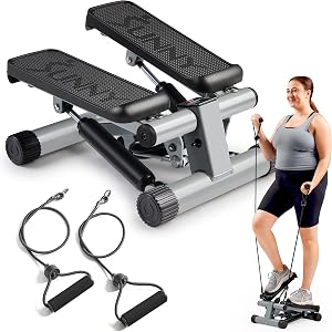 Mini steppers Sunny Health & Fitness pour l'exercice à domicile, machine d'entraînement par étapes avec bandes de résistance, équipement de cardio complet, connexion à l'application SunnyFit gratuite en option, stepper intelligent