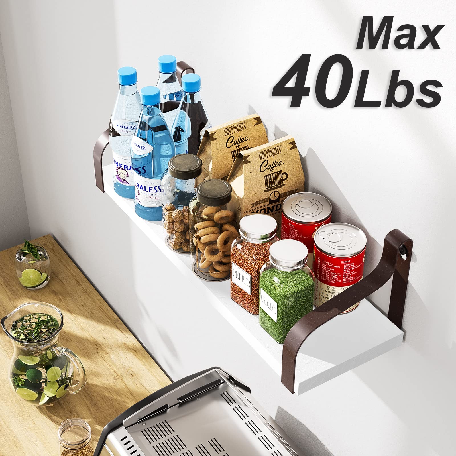 Love-KANKEI Floating Shelves Wall Mounted Set of 3, Rustic Wood Wall Storage Shelves for Bedroom, Living Room, Bathroom, Kitchen, Office and More White/Brown Bracket