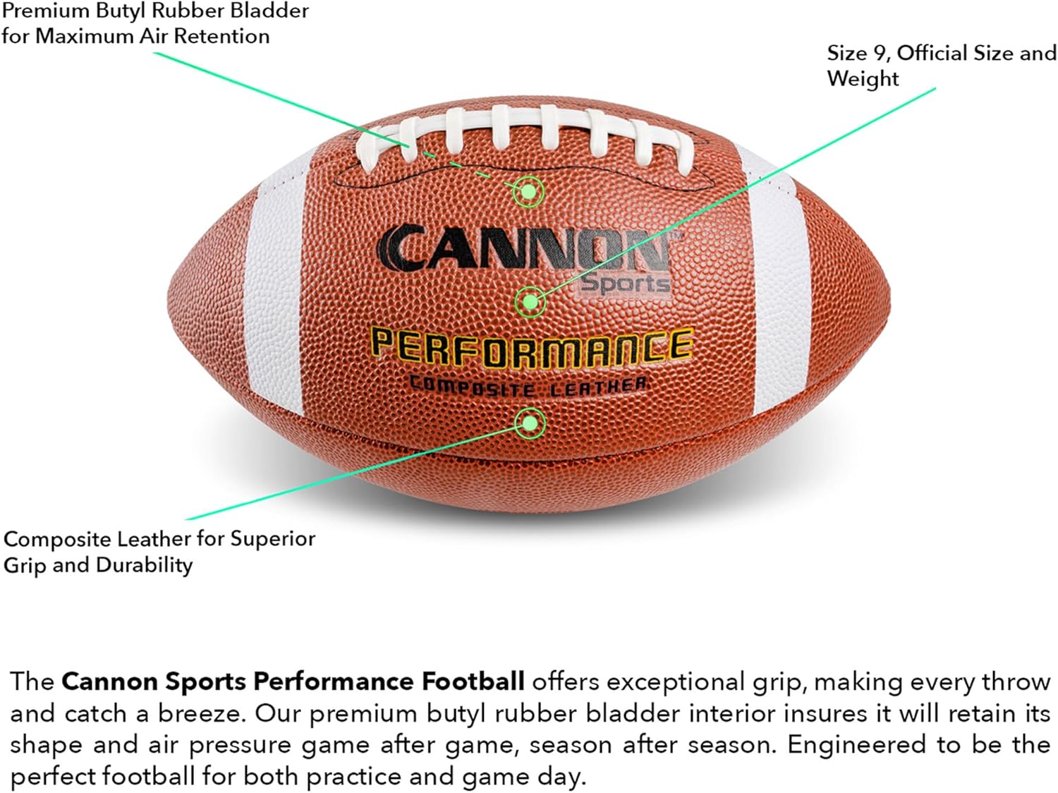 Cannon Sports Official Size Football - Composite Leather Football with Extra Grip & Durable Construction for All-Weather Play – Regulation Size Ball with Pump