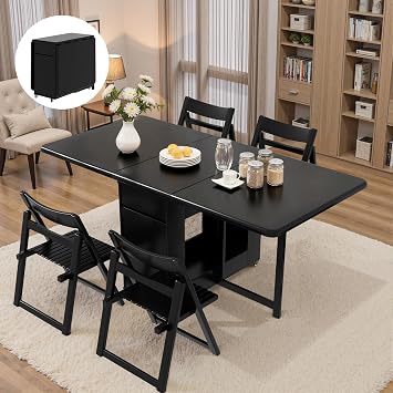 Folding Drop Leaf Dining Table and Chairs Set 4 Seater, Ready Assembled Space Saving Foldable Solid Wood Kitchen Table with Storage and Lockable Wheels (Black, 130 cm Table with 4 Chairs)