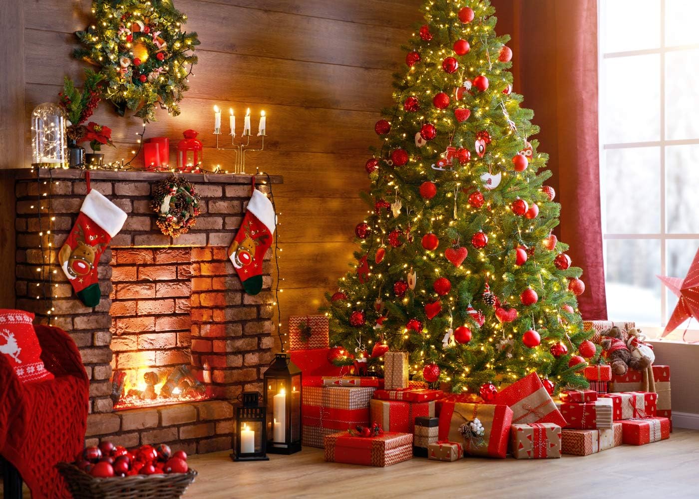 CapiSco 10x8FT Christmas Photography Backdrop Christmas Tree Fireplace Background Beautiful Xmas Lights Gifts and Window Backdrop for Baby Kids Family Birthday Party Banner Photoshoot Backdrop SCO209C