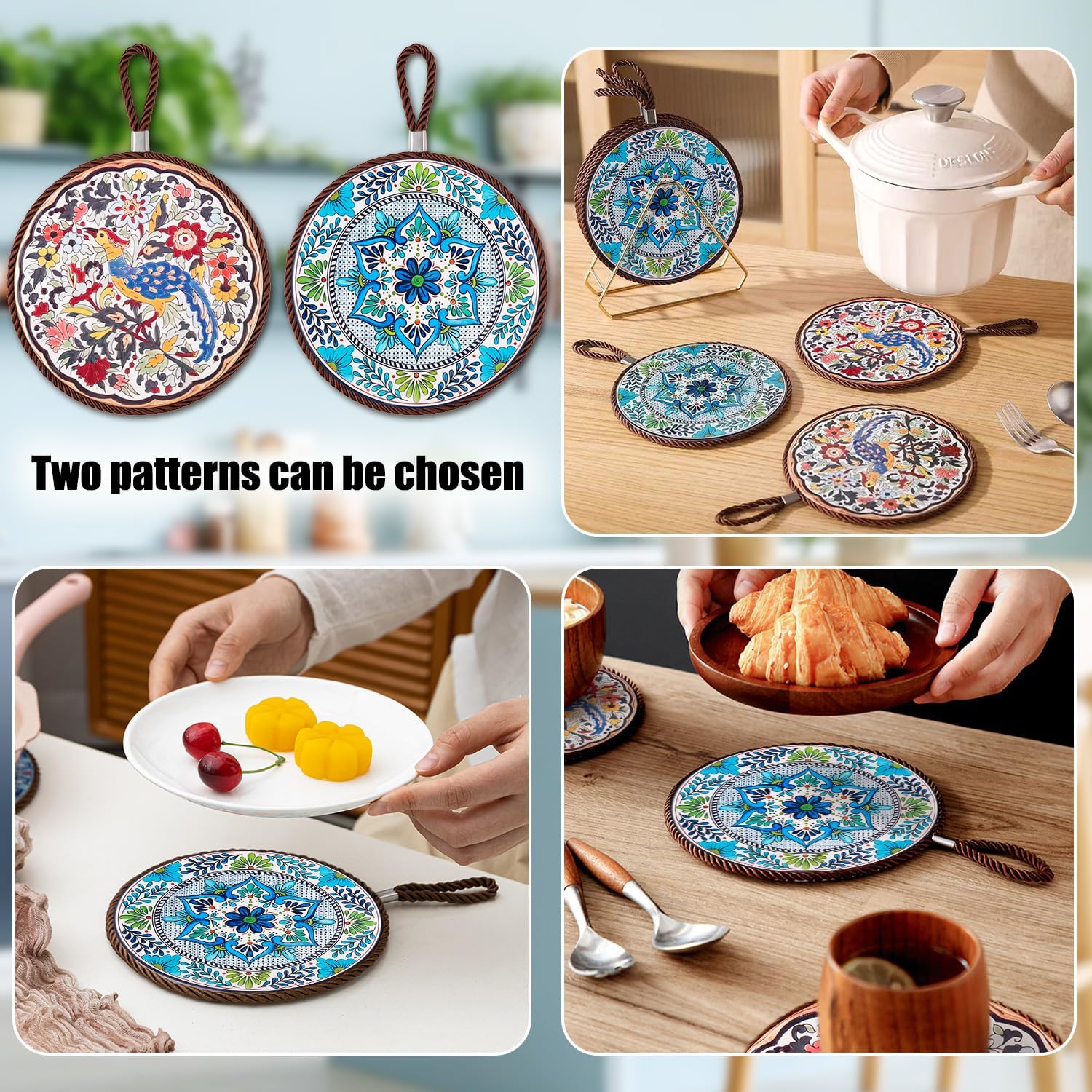 Trivets for Hot Pots and Pans, Ceramic Trivets Vintage Floral Heat Resistant Mats, Insulated Dish Pads for Dinning Room Table Kitchen Decor, Round 6.7 Inch Set of 2