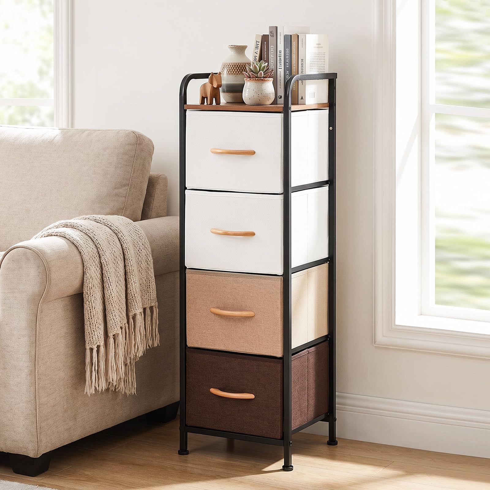 COSTWAY Cómoda con 4 Cajones, Cajonera Estrecha con Cajones de Tela Plegables Extraíbles y Estructura Metálica, Armario Organizador Independiente para Entrada Salón Dormitorio Vestidor