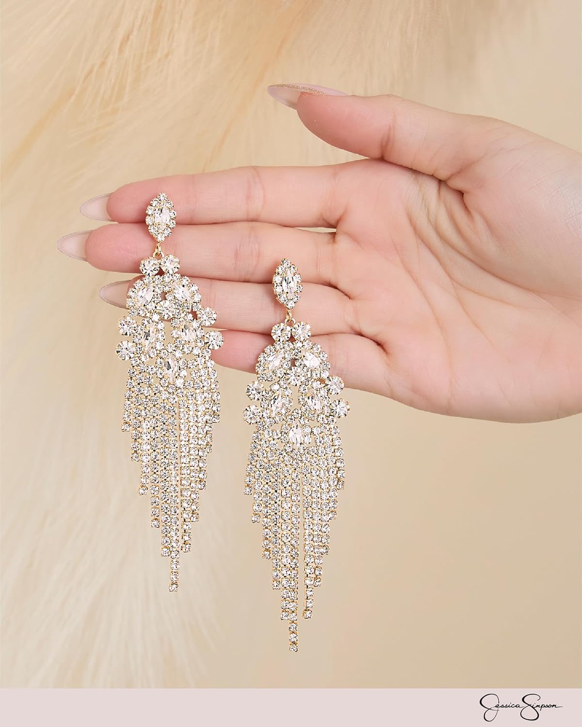Jessica Simpson Clear Crystal Dangle Earrings for Women, Gold-Tone Valentines Earrings with Rhinestone Fringe - Image 4