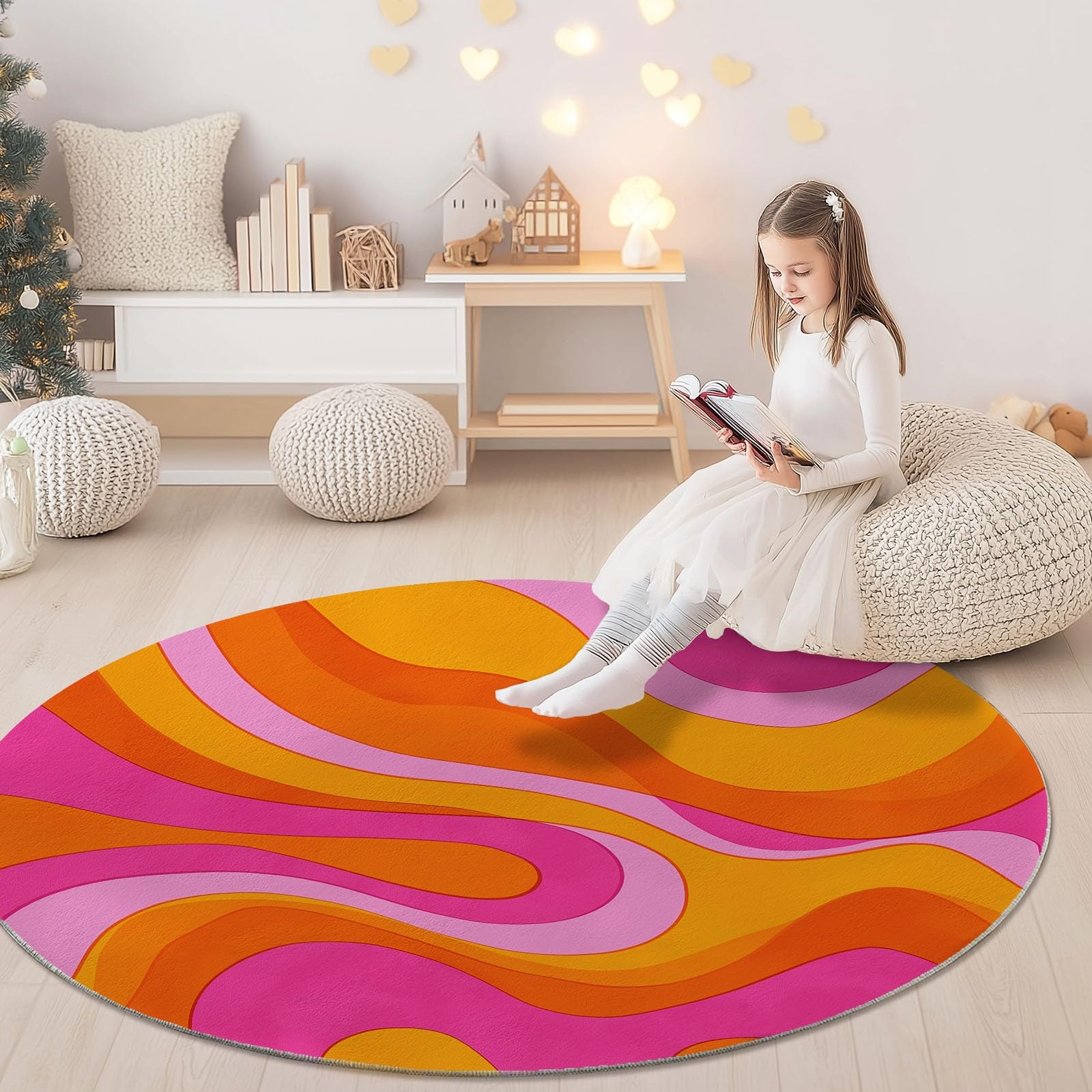 Generisch Runder Teppich 120 cm Vintage-Modekurven, rutschfest Teppiche Wohnzimmer, Waschbar Kurzflor, Weich Rosa Orange für Wohnzimmer Schlafzimmer Studie