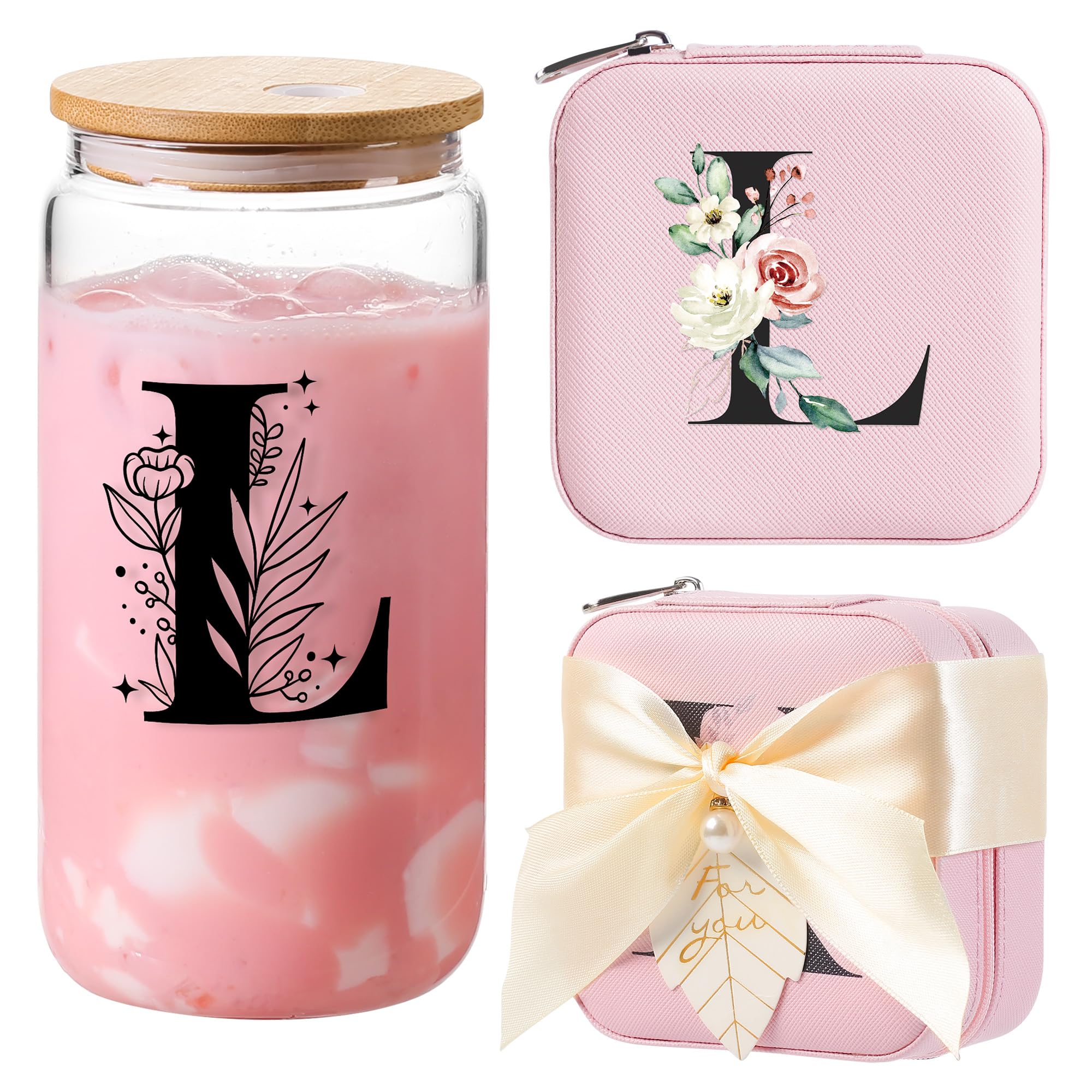 AYGXU Initial Jewelry Storage Set, Personalized Pink L Travel Case with Glass Cup &amp; Bamboo Lid, Bridesmaid Gift