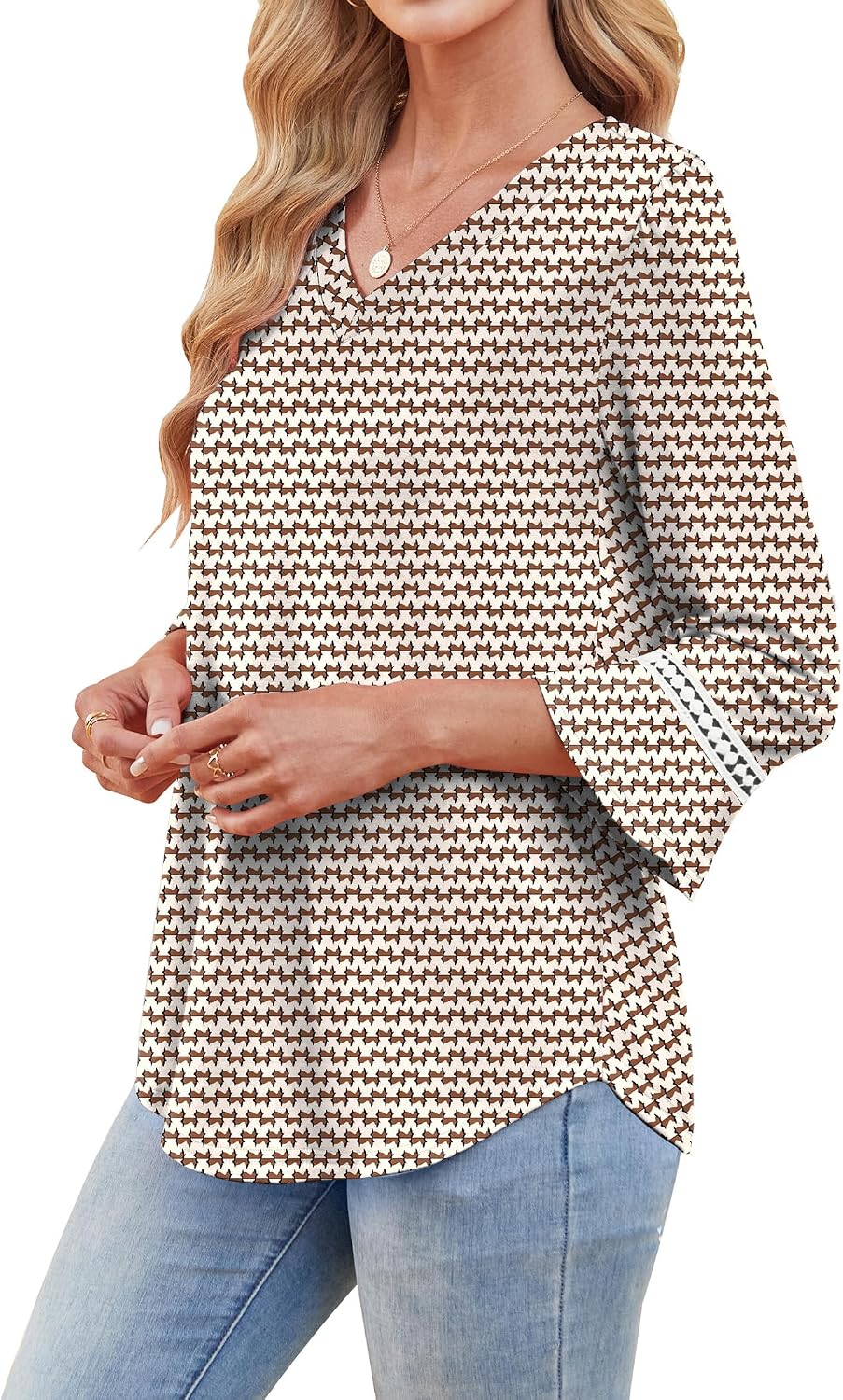 WIHOLL Womens Blouses Dressy Casual 3/4 Length Sleeve Tops Lace Trendy 2026 Spring Summer V Neck Shirts Vacation Outfits image 4