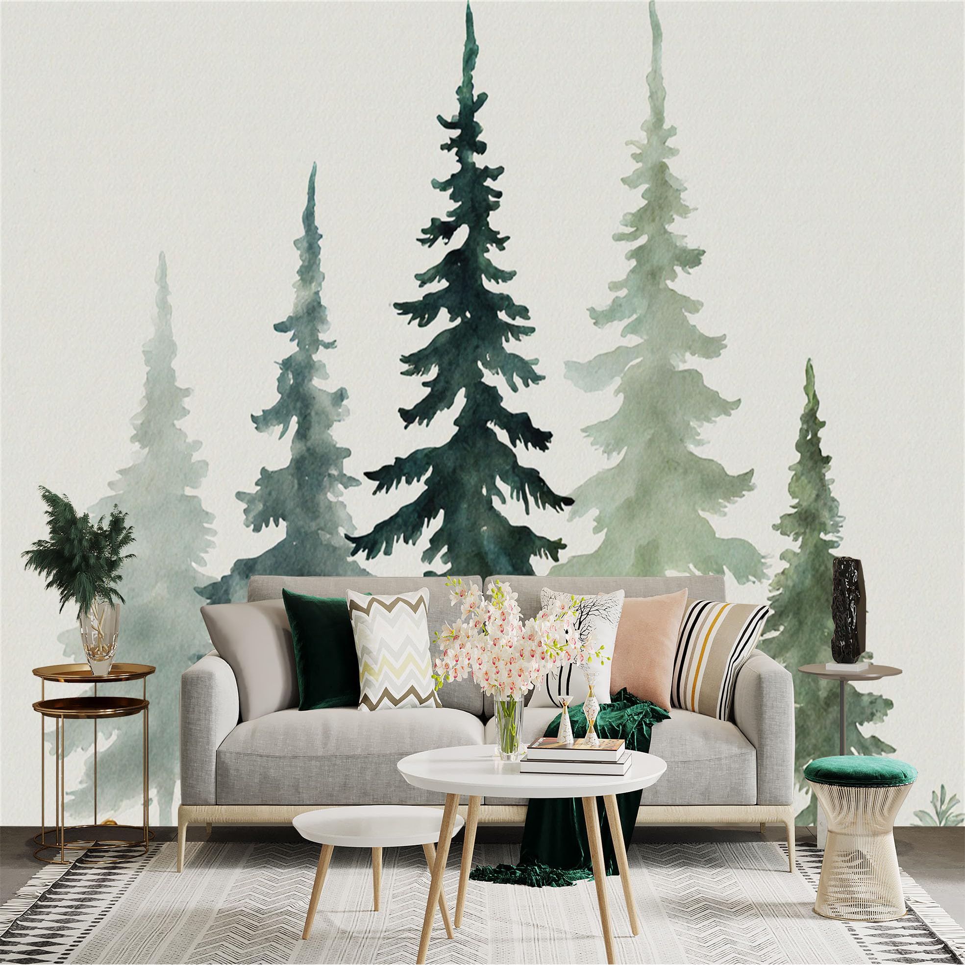 Custom Size Wall Sticker Mural， Watercolor Pine Trees Forest Landscape， Nature Green Woodland Art， for wall Decoration， peelandstick wall Decals.