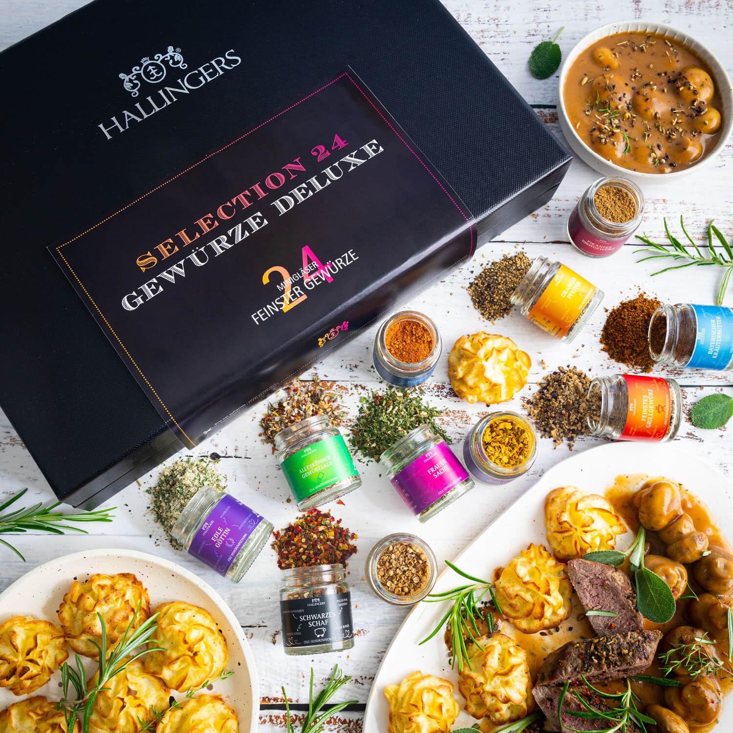 Hallingers Genuss Manufaktur Gewürz Geschenk-Set - 24 Gewürze aus aller Welt in wertiger Geschenkbox mit Rezept-Booklet "Gewürze Deluxe ...", Geschenkidee für Frauen Männer
