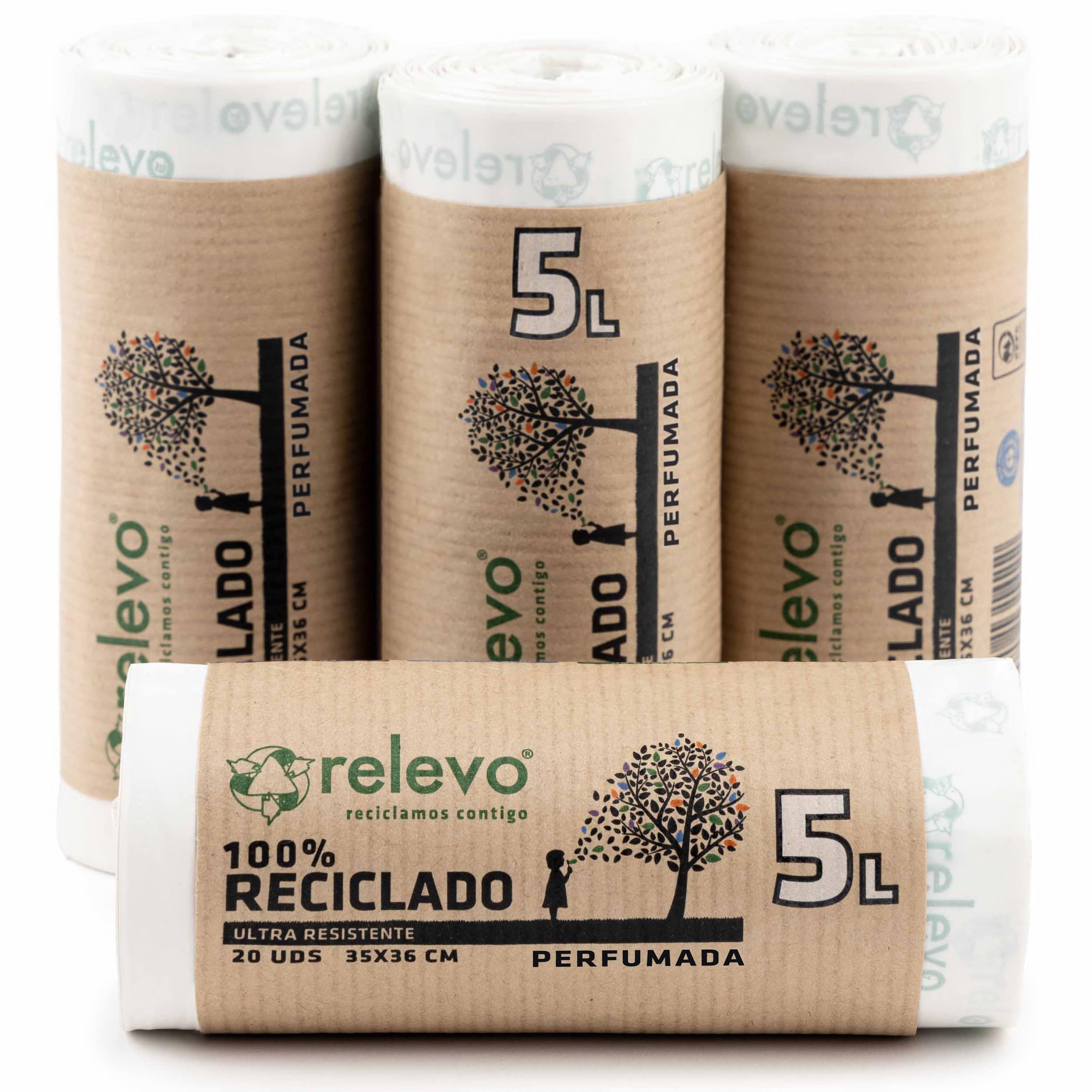 Relevo 5L Bin Liners – Small Bin Bags made of 30 µm (Micron) 100% recycled Plastic. Scented Bin Liners perfect as Food Waste Bags