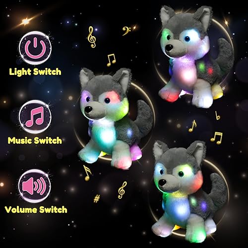 Vista 84 de Hopearl Cachorro de peluche con luces LED que brillan en la oscuridad, para festivales de cumpleaños para niños pequeños, blanco, 14 pulgadas