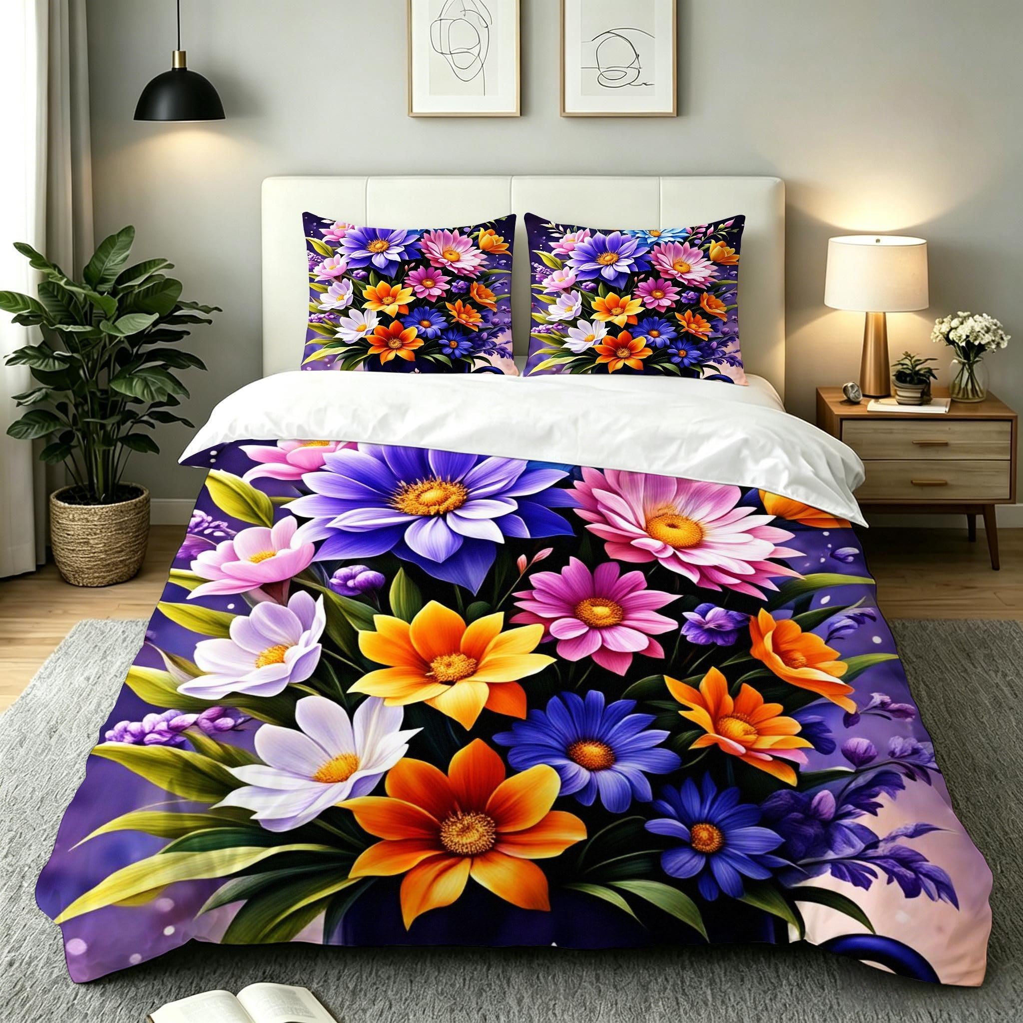 Copripiumino Matrimoniale Fiore Viola 260x240, ZW672 | Traspiranti Durevoli Microfibra, per Tutta la Famiglia, Matrimoniale, per Tutte le Stagioni, con 2 Federe 50x80 cm