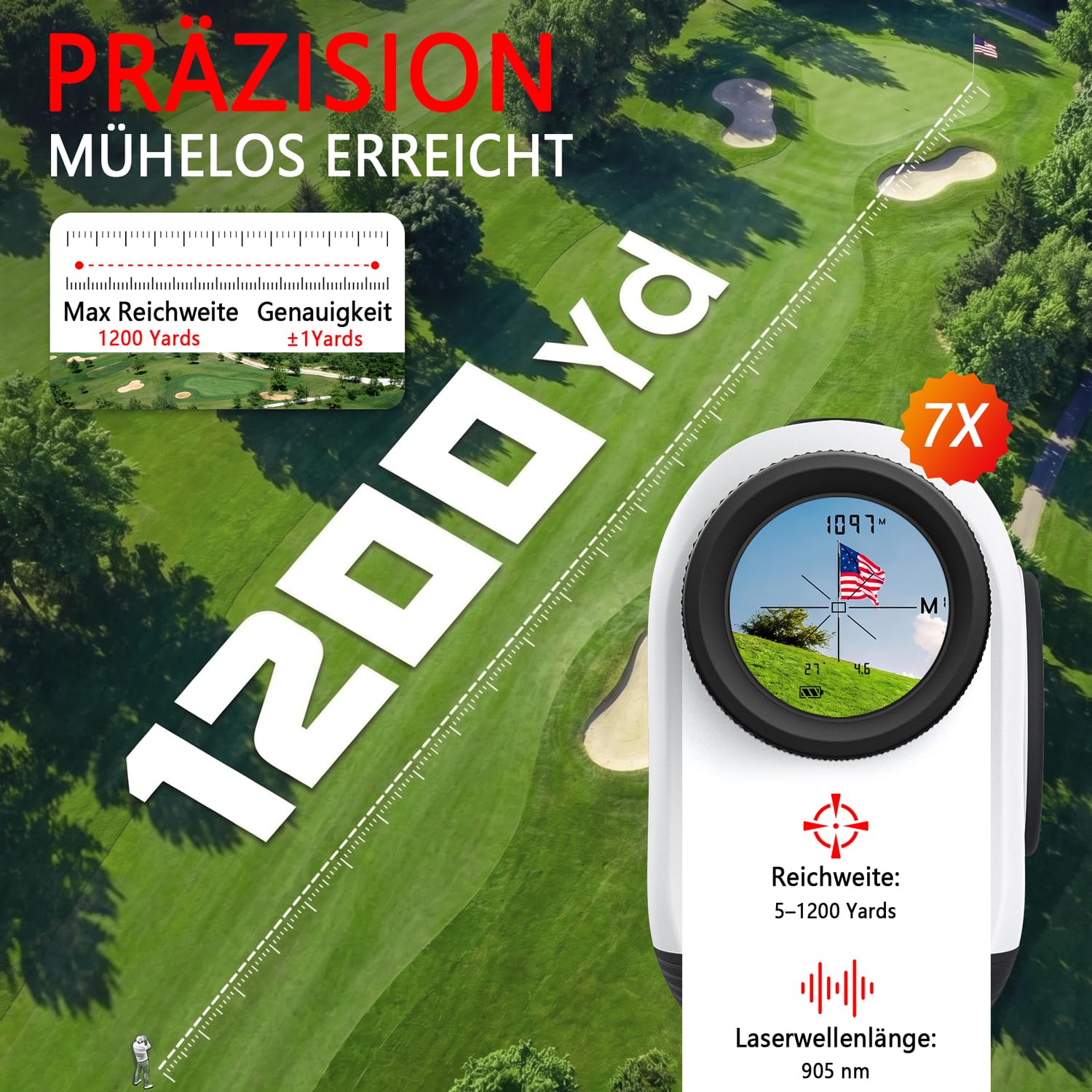 SKYBASIC Laser Golf Entfernungsmesser 1200 Yards, 7X Vergrößerung mit Slope, Flag-Lock, ±1m Genauigkeit, IP54 wasserdicht, magnetisch, USB-C aufladbar, inkl. Tasche, Für Golf & Jagd