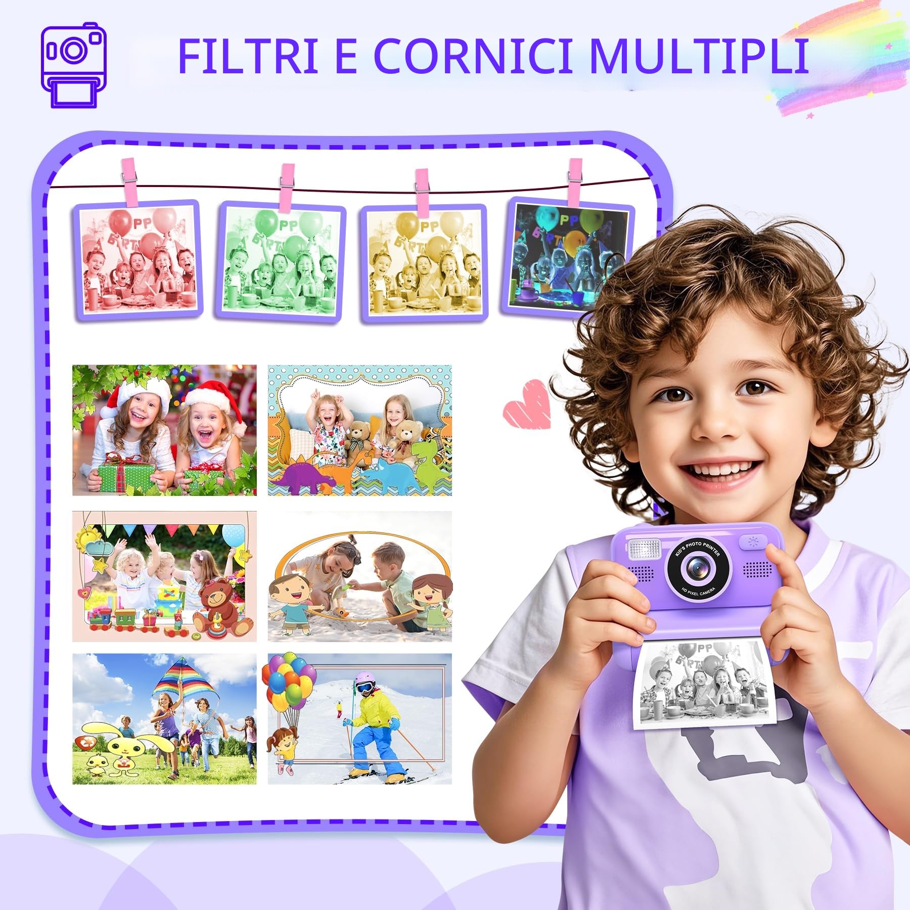 Subtail Fotocamera istantanea per bambini, 1080P, fotocamera istantanea per bambini, fotocamera digitale per selfie con 32 GB, giocattolo di compleanno a partire da 3-12 anni(Viola)