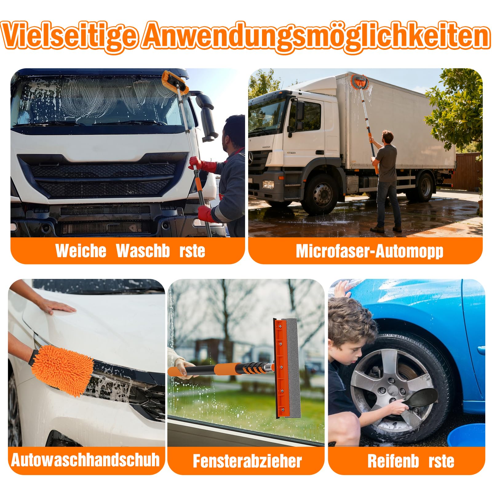 LAANPOLE 3,6m Teleskop-Waschbürste mit Seifenspender & 3,6m Autowaschset – Auto Waschbürste mit 30cm weichen Borsten + Waschset mit Fensterabzieher, Mikrofaser-Mopp, Mitt, Radbürste