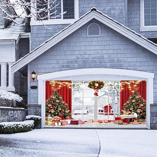 Miniatura 7 de Telón de fondo de Navidad para ventana, cortinas rojas de árboles de Navidad, telón de fondo de granero, nieve, copo de nieve, regalo de almohada,