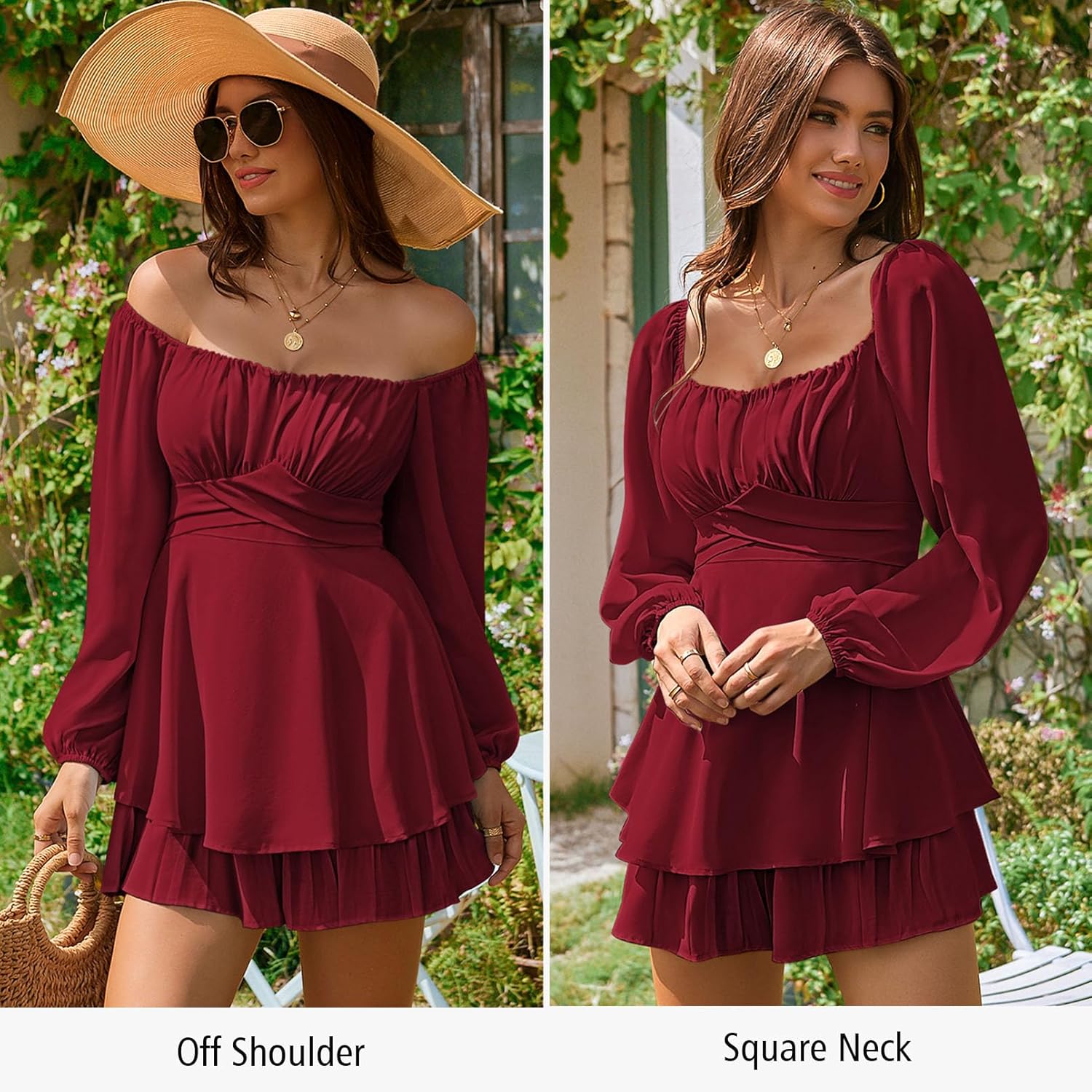 Fixmatti Women off Shoulder Rompers Lantern Long Sleeve Ruffle Tie Mini Shorts Jumpsuit - Image 4