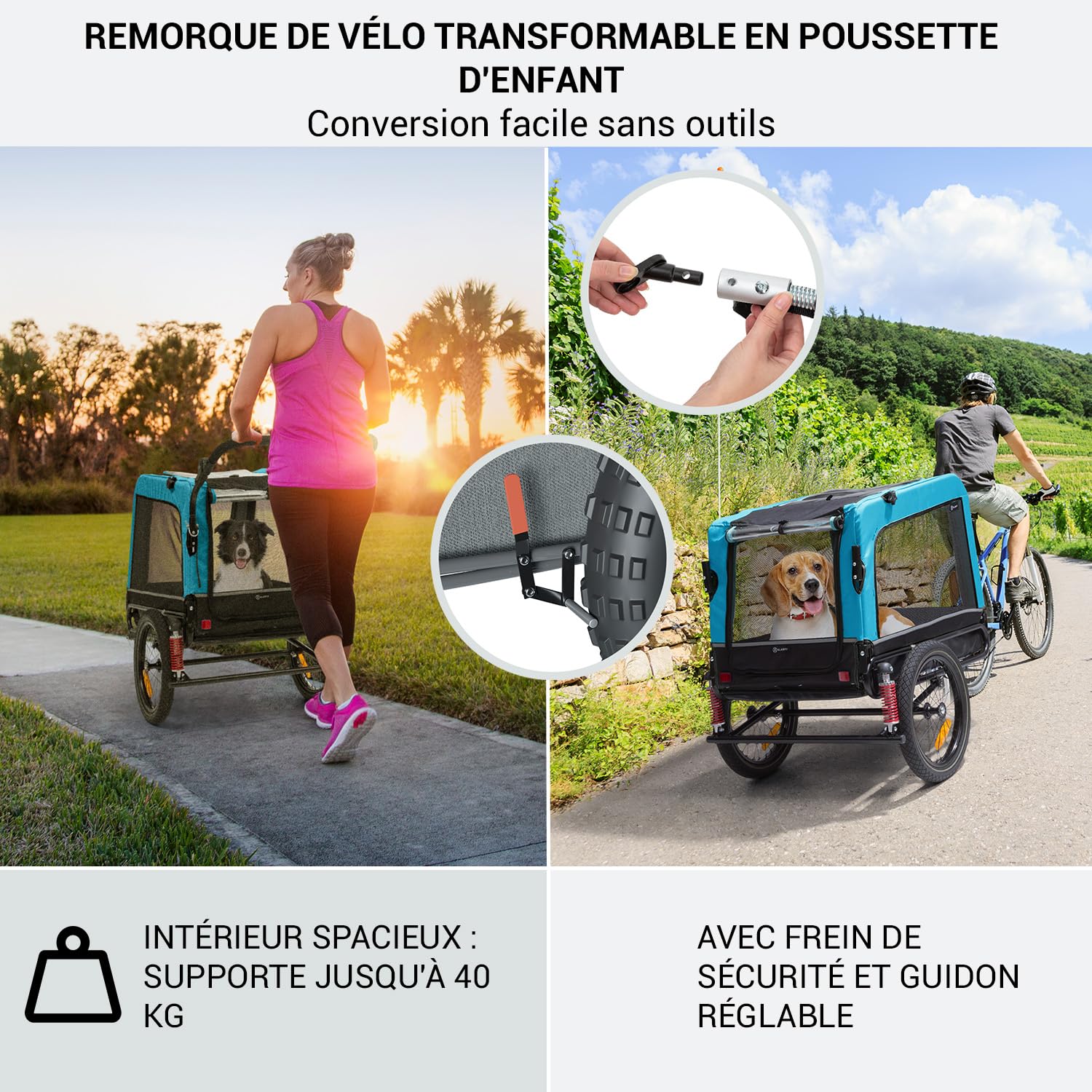 Klarfit Remorque Velo Chien 2-en-1, Remorque à Vélo pour Chien Poussette, Chariot Transport Chiens, Toile Oxford, 250L, 40kg