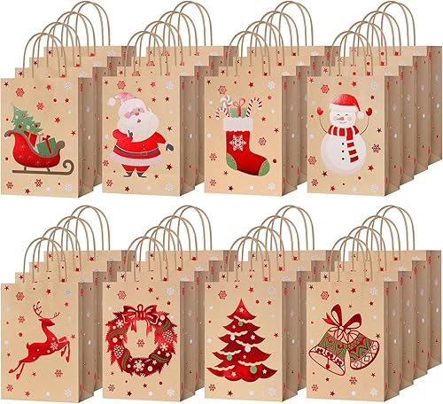 Yeaqee 80 bolsas pequeñas de regalo de Navidad, bolsas de papel kraft con asas a granel para envolver regalos de papel de Navidad, suministros de