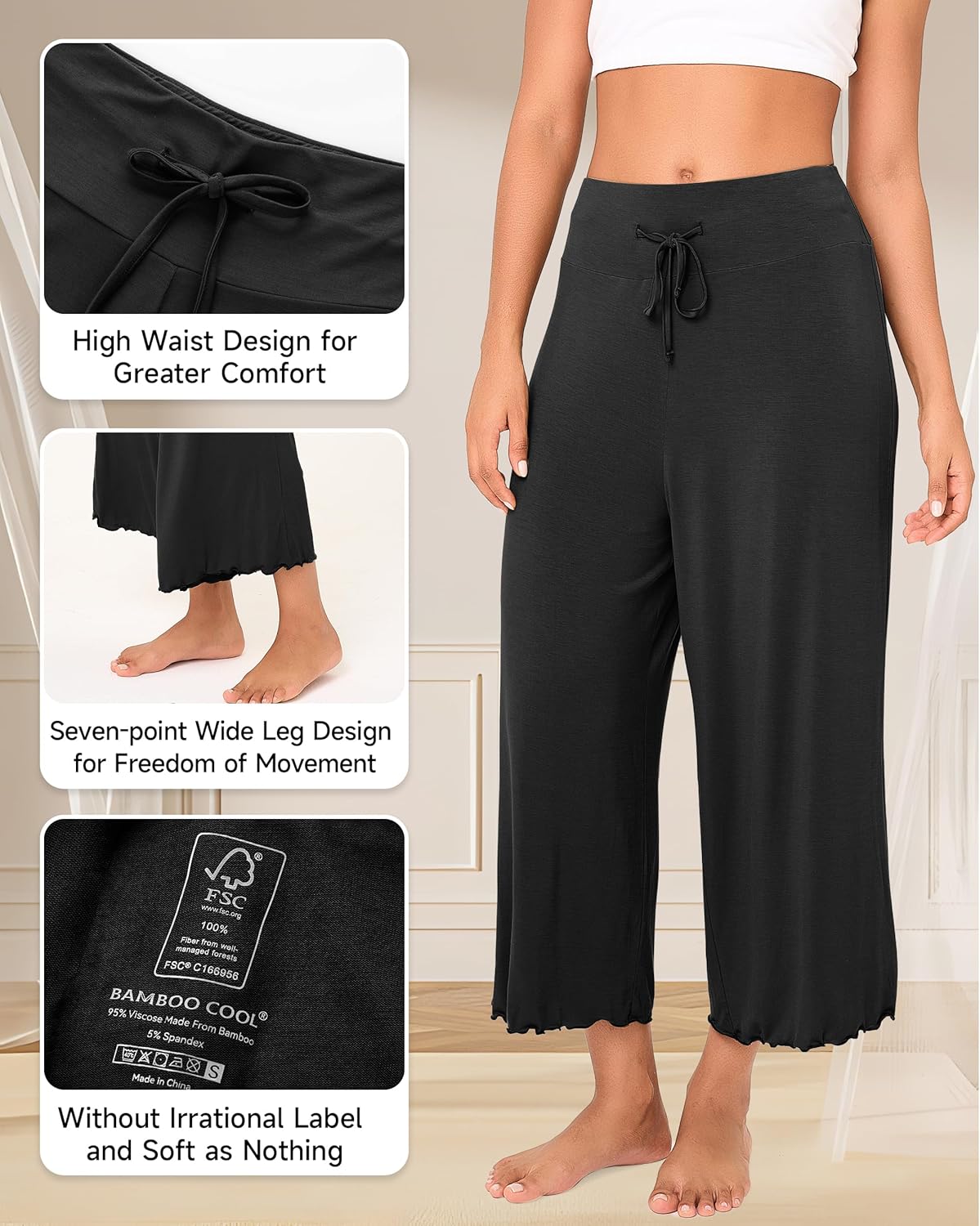 BAMBOO COOL Women Pajama Pants High Waisted Wide Leg Lounge Sleep Bottoms Light Weight Casual Yoga Capri Pants - Image 3