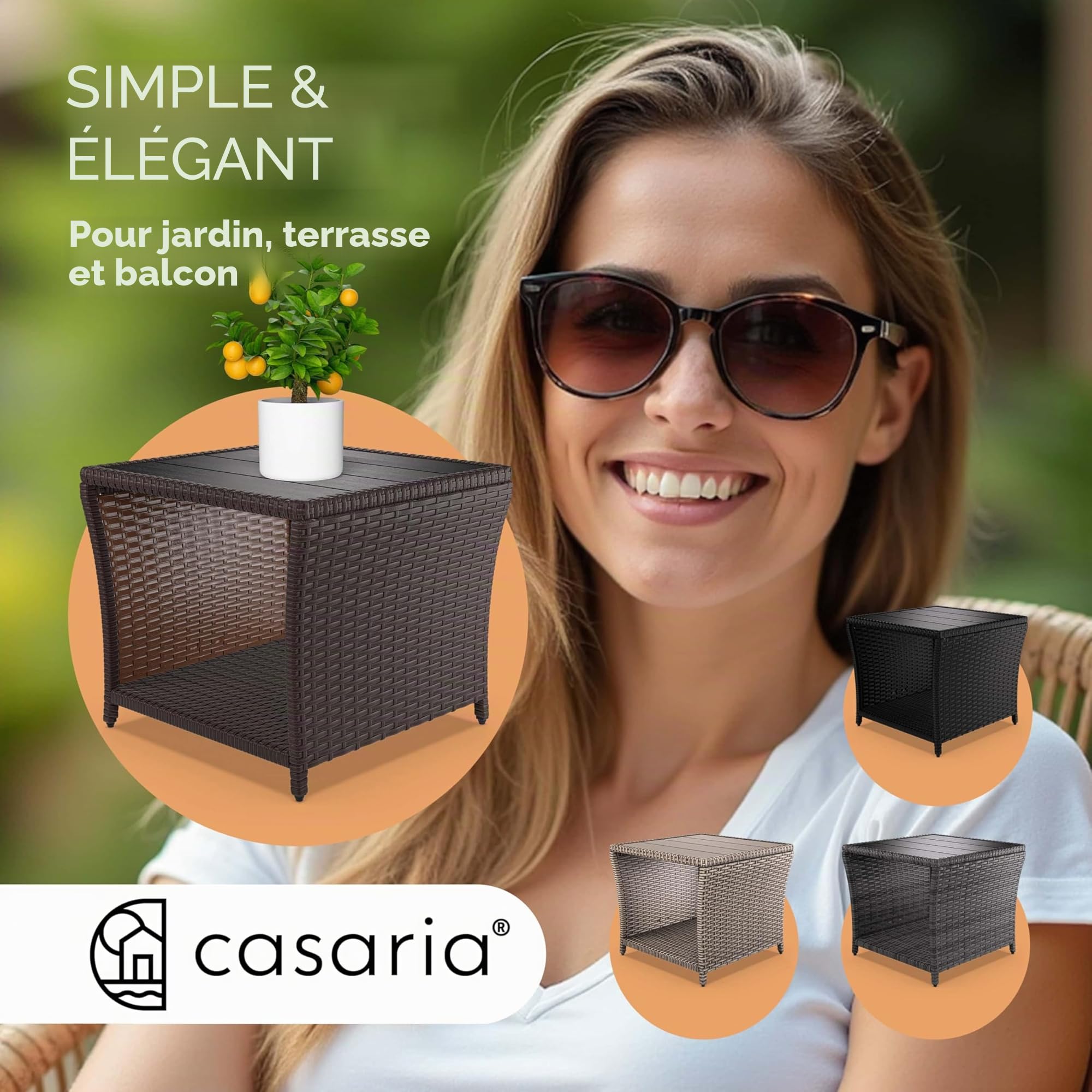 Casaria Table d'appoint en polyrotin Brun Plateau WPC 45x45x40cm réglable en Hauteur Jardin Balcon