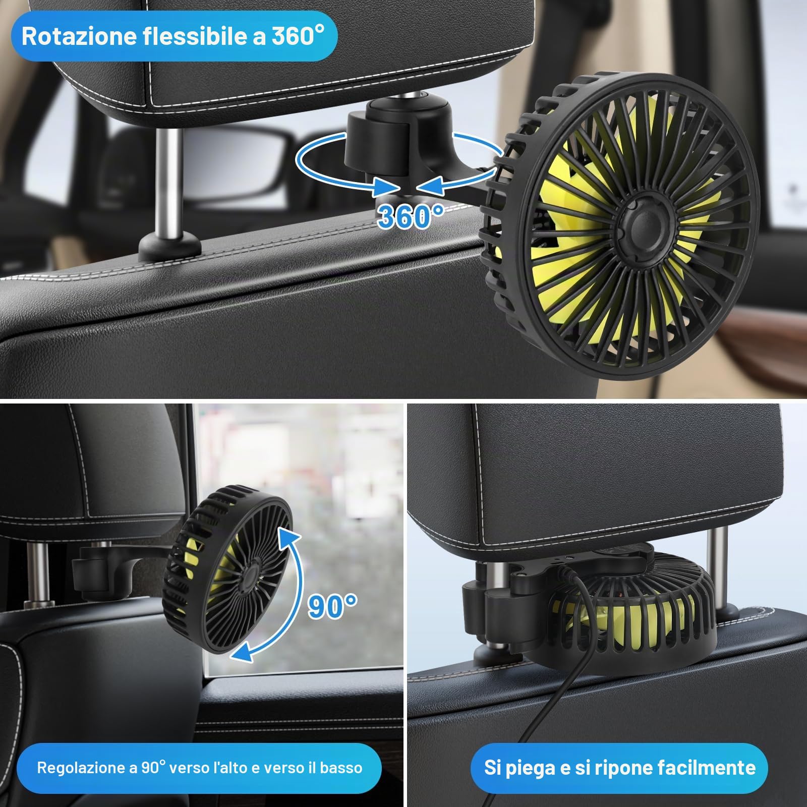 Ventilatore per sedile posteriore, auto ventilatore di raffreddamento, silenzioso, con 3 velocità, regolabile a 360°, USB, per camion, furgone