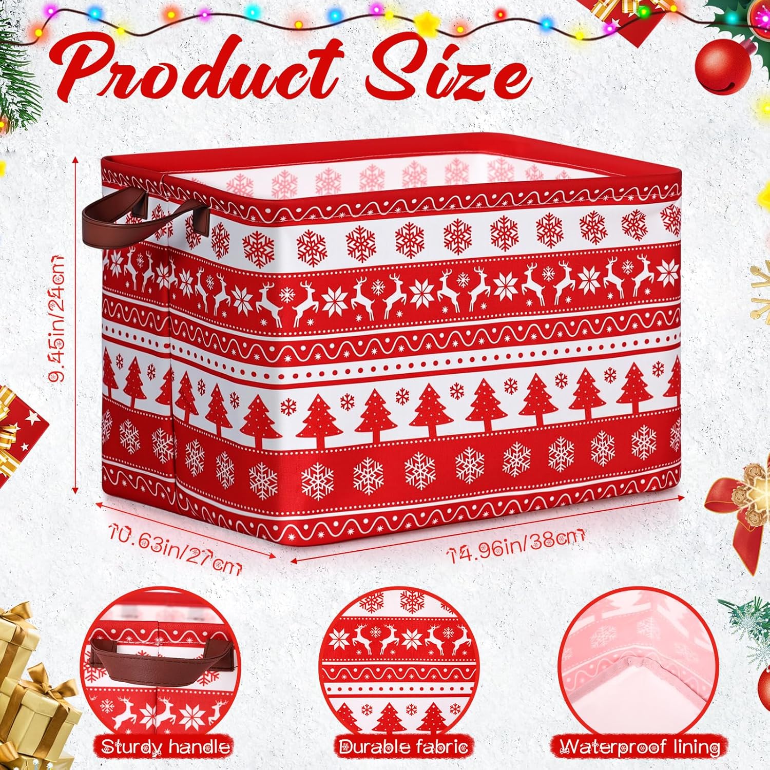 クリスマス収納バスケット 鹿 雪の結晶 レッド クリスマスバスケット 空の防水 ハンドル付き 折りたたみ式 長方形 子供服とおもちゃ