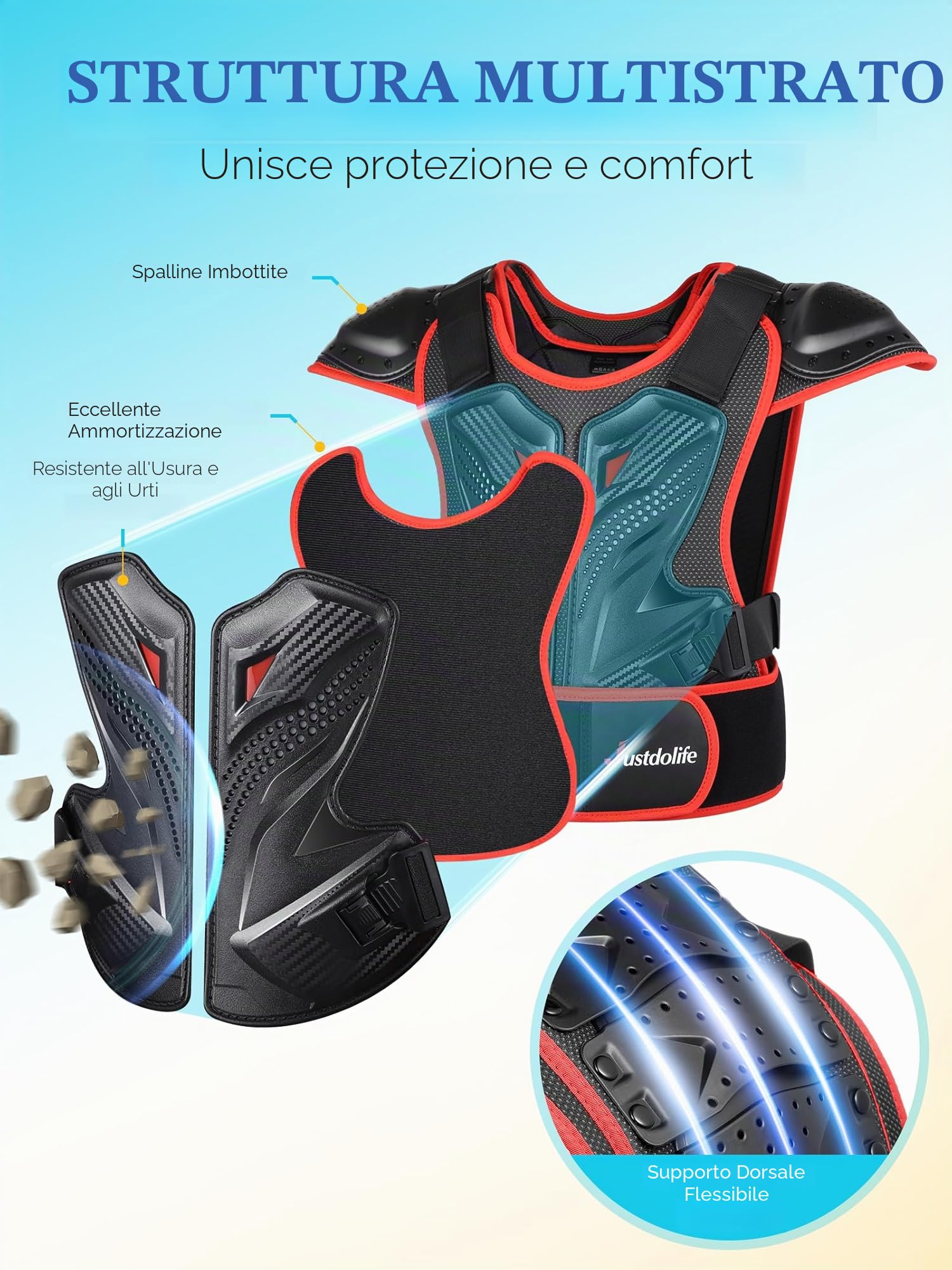 Armatura Moto per Bambini - JUSTDOLIFE Protettore Motocross a Guscio Spesso per Giovani Adolescenti con Protezioni per Ginocchia Gomiti Braccia e Spalle per Ciclismo Fuoristrada sci (Nero-Rosso)