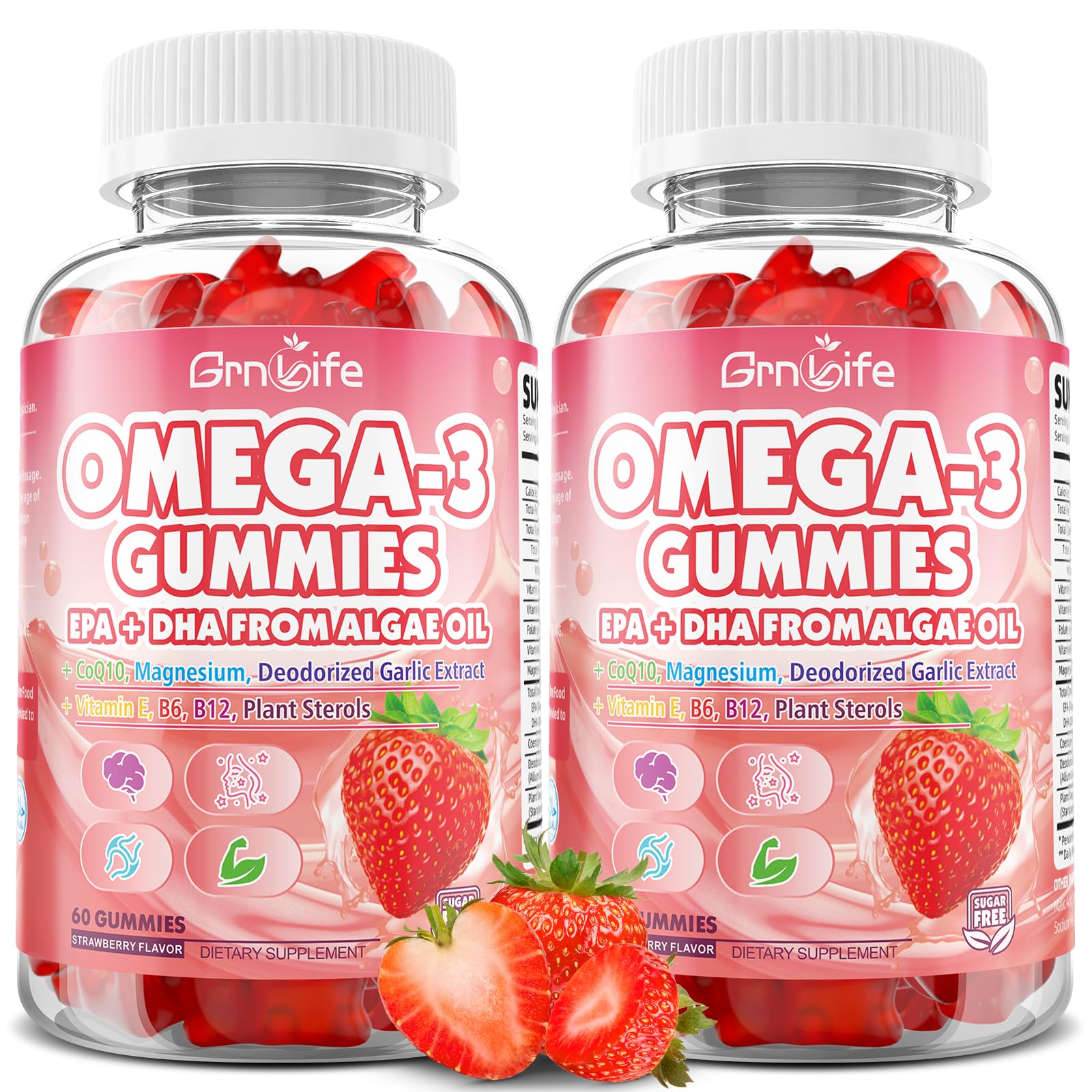 2 Pack Vegan Omega 3 Gummies 1000mg+CoQ10+Magnesium - w/Algae EPA 600mg & DHA 400mg, Fish Oil Omega-3 Supplements Alternative for Adults, for Brain, Eye, Immune Health, Strawberry Flavor, 120 Count 120 Count (Pack of 1)