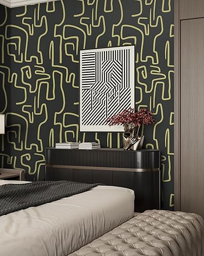 Ismoon Papel tapiz único de 16.1 x 118 pulgadas, color negro y amarillo, papel tapiz de garabatos, papel de contacto abstracto moderno, papel tapiz