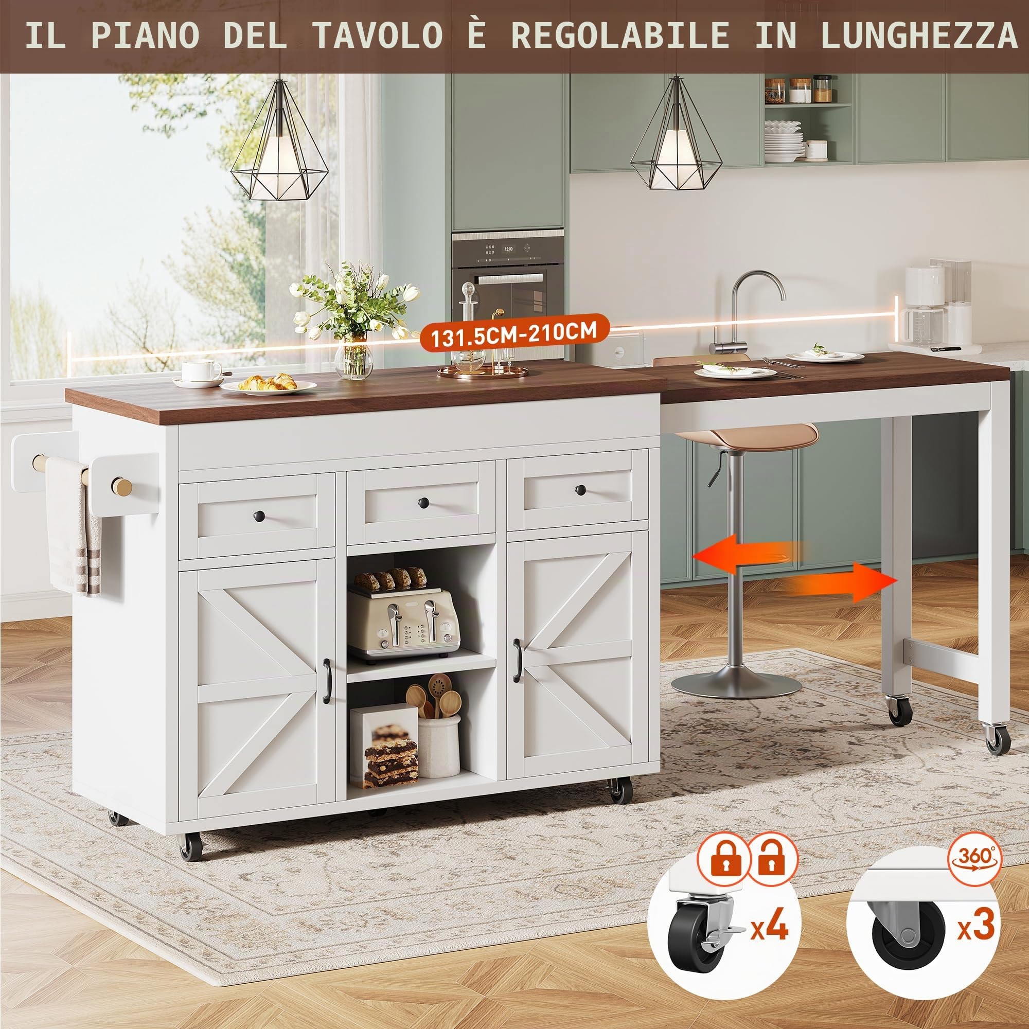 Kebnor Isola cucina con vano portaoggetti, tavolo da pranzo allungabile tavolo da bar (131,5-210 cm), girevole a 360°, con cassetti e armadi, piano di lavoro versatile per cucina, sala da pranzo e