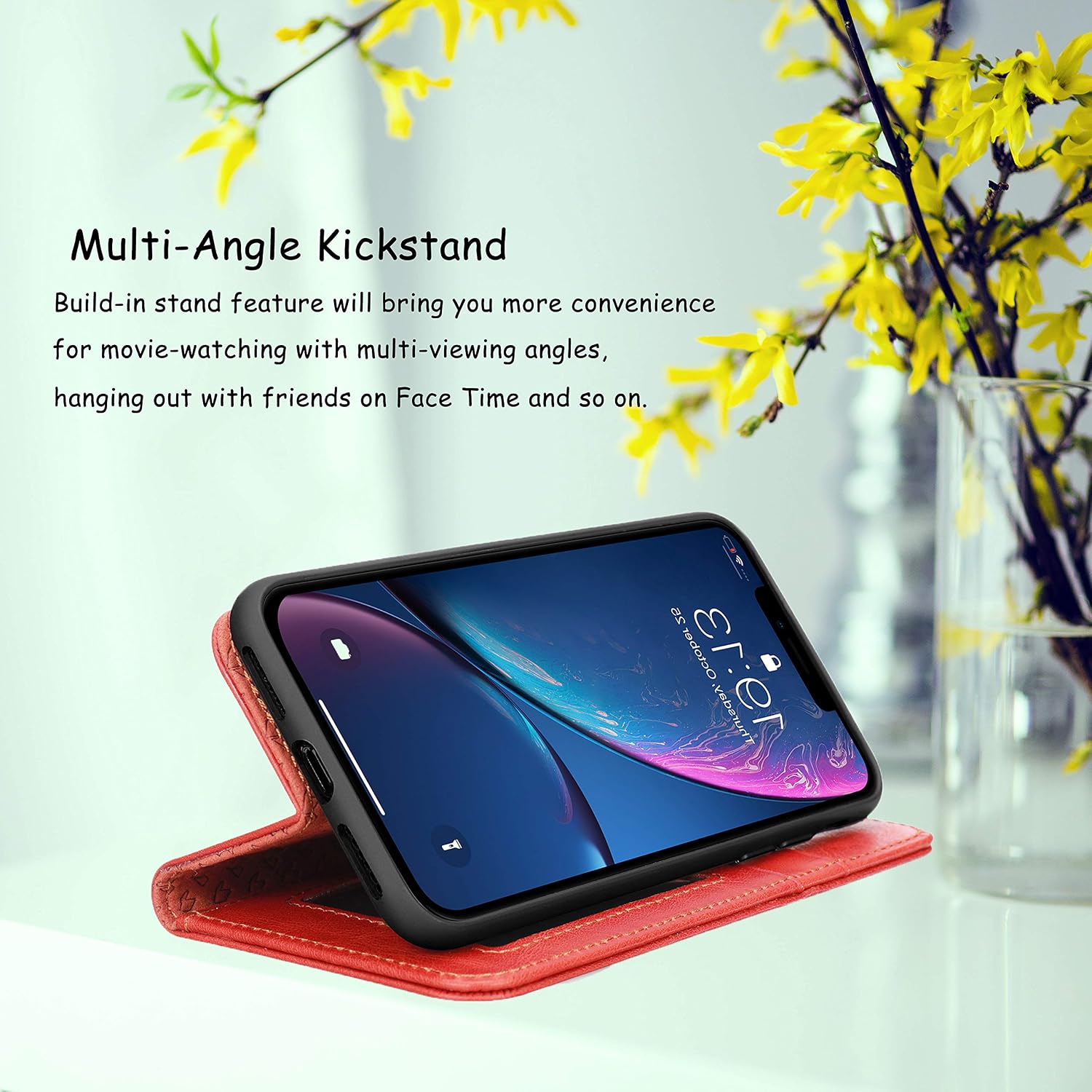 JISONCASE for Apple iPhone XR Wallet Case, Genuine Leather Flip Case with RFID Blocking,Card Slot Holder,Magnetic Closure & Kickstand,Slim & Shockproof Protective Wallet Case for iPhone XR, 6.1”,Red