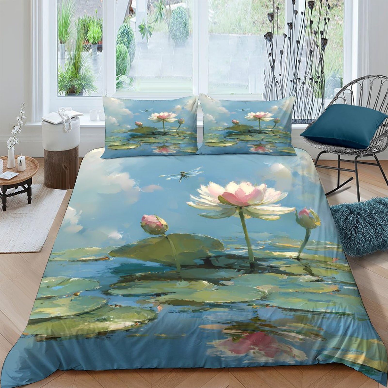 Ctjqhvkz Style-9 3D Printed Lotus Pond Fitted Sheet Microfiber Calm Water Lily Bed Cover Anti-Slip Machine Washable For Bedroom Guest Room Single（135X200cm）