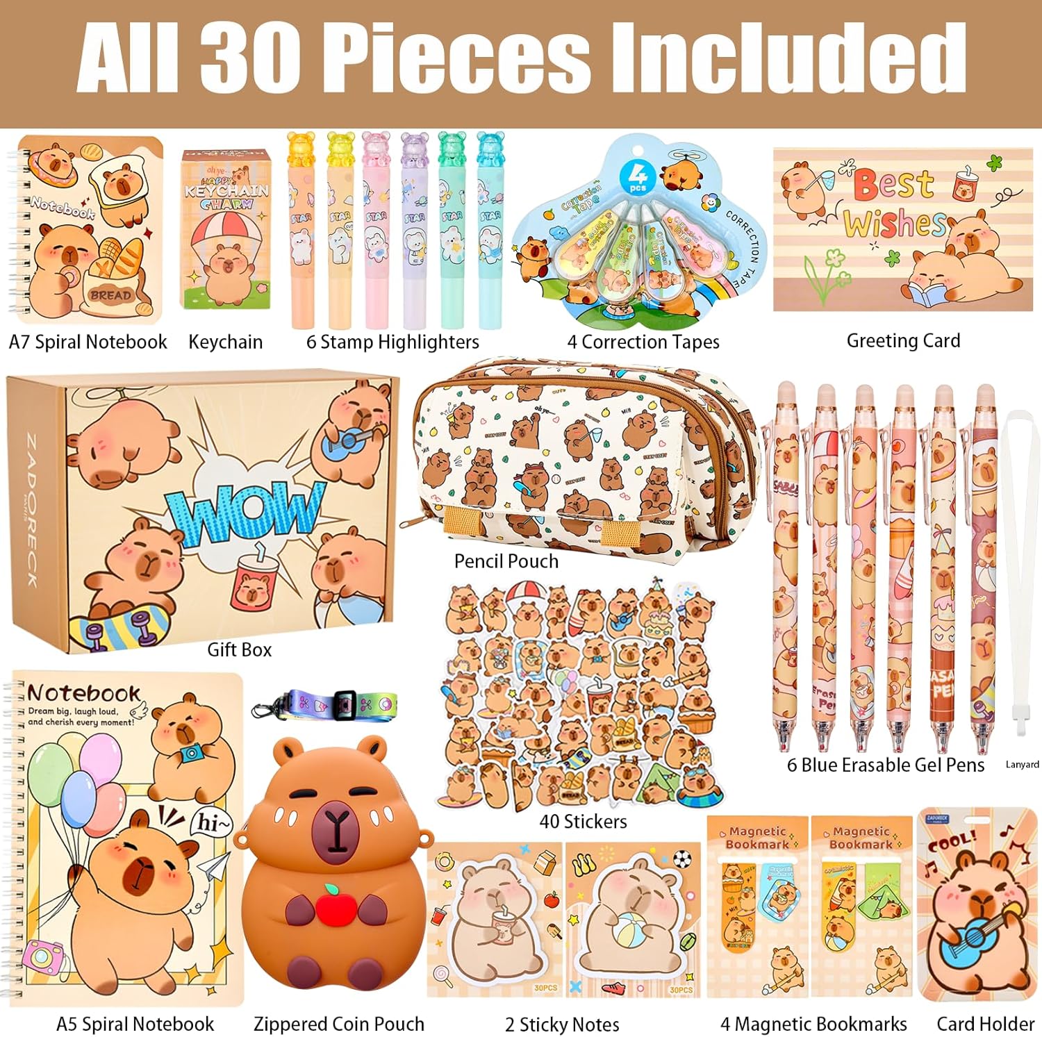 Cute Capybara Stationery Gift Set for Kids,30 Piece Animal Theme School Supplies Kit with Pencil Case,Notebook & Stickers,Practical and Fun for Birthday,Easter& Festivals Gift Girls Boys