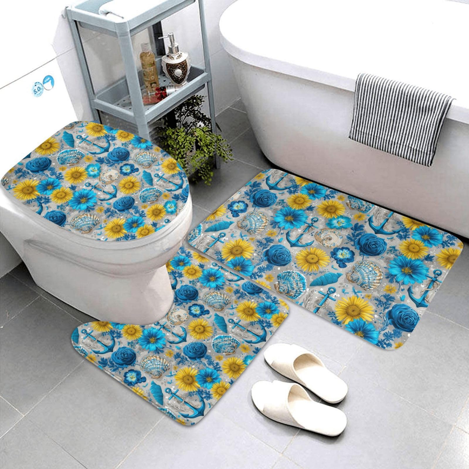 Lot de 3 tapis de salle de bain bleu ancre tournesol avec contour WC