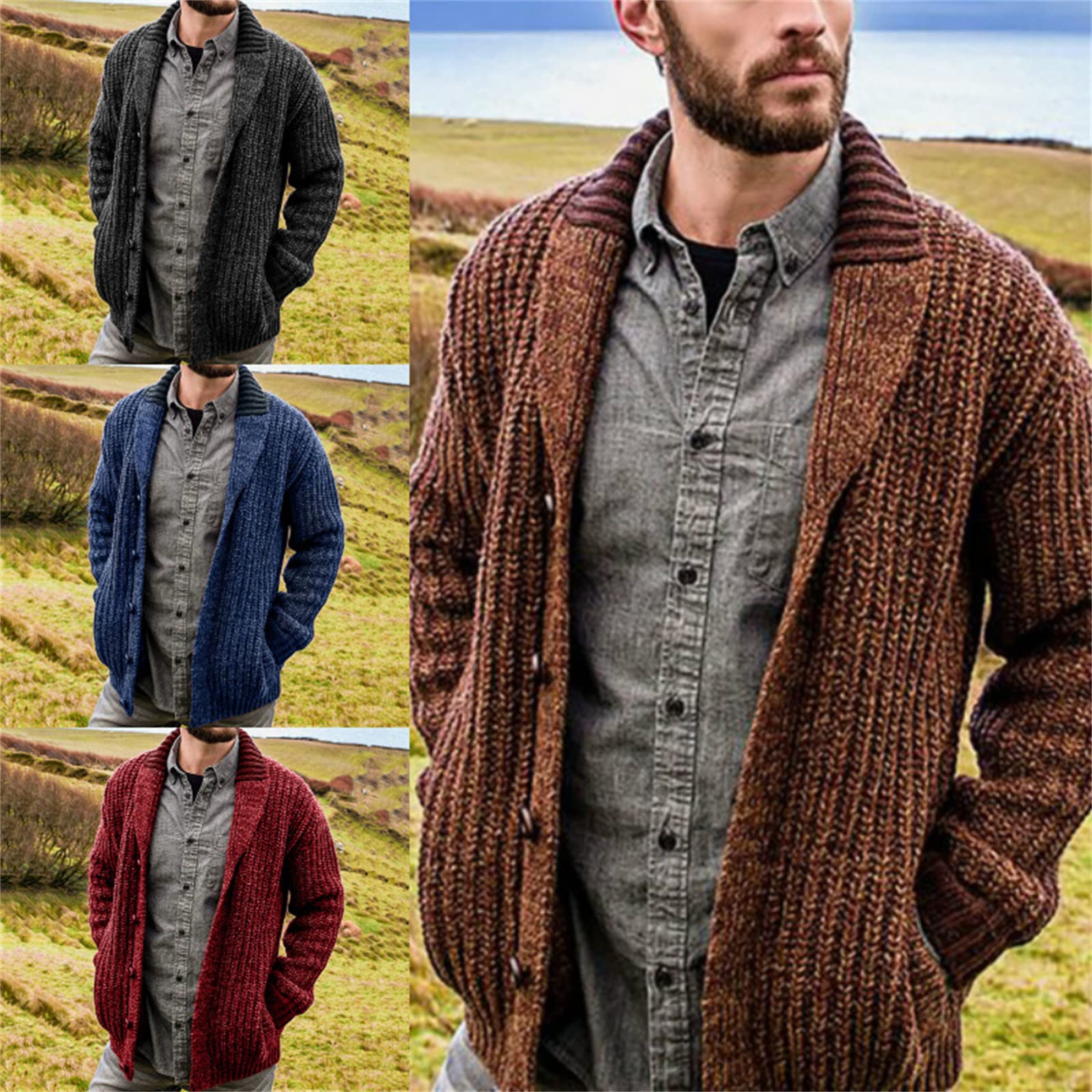 Cardigan Multicolor da Uomo, Tinta Unita, Maglione a Maniche Lunghe, Maglione in Maglia con Revers alla Moda