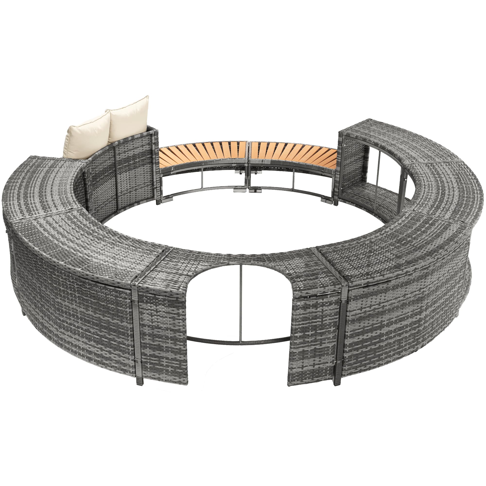 Idemon Set lounge da giardino con divano rotondo, set di mobili da giardino, lounge per vasca idromassaggio e piscina, con piedini regolabili, cuscino incluso, mobili per terrazza, giardino o piscina