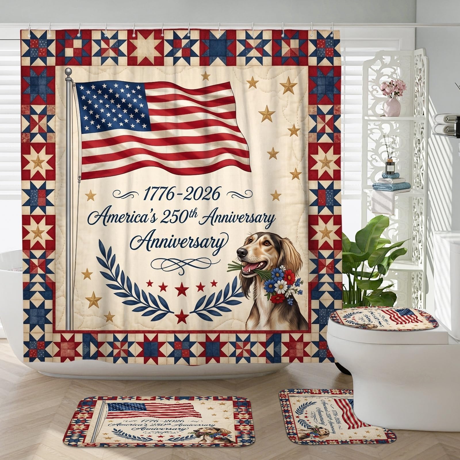 Rideau de douche lévrier Saluki avec tapis WC et crochets pour salle de bain
