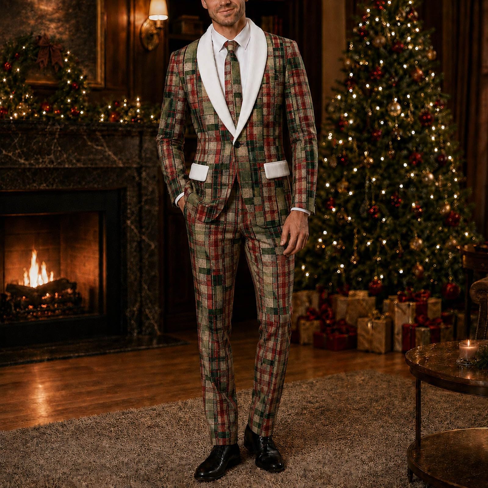 Veste de Costume Homme Noël Col Châle Slim Fit 2 Pièces Festif