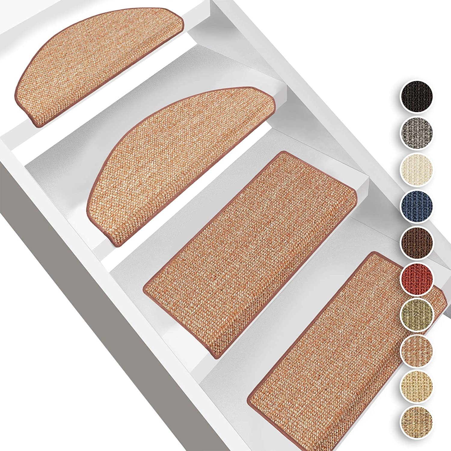 Tappetino Per Scale KARAT Pure Nature In Sisal - Antiscivolo E Autoadesivo, Rosso Semicircolare 23,5x65 Cm, Protezione Gradini