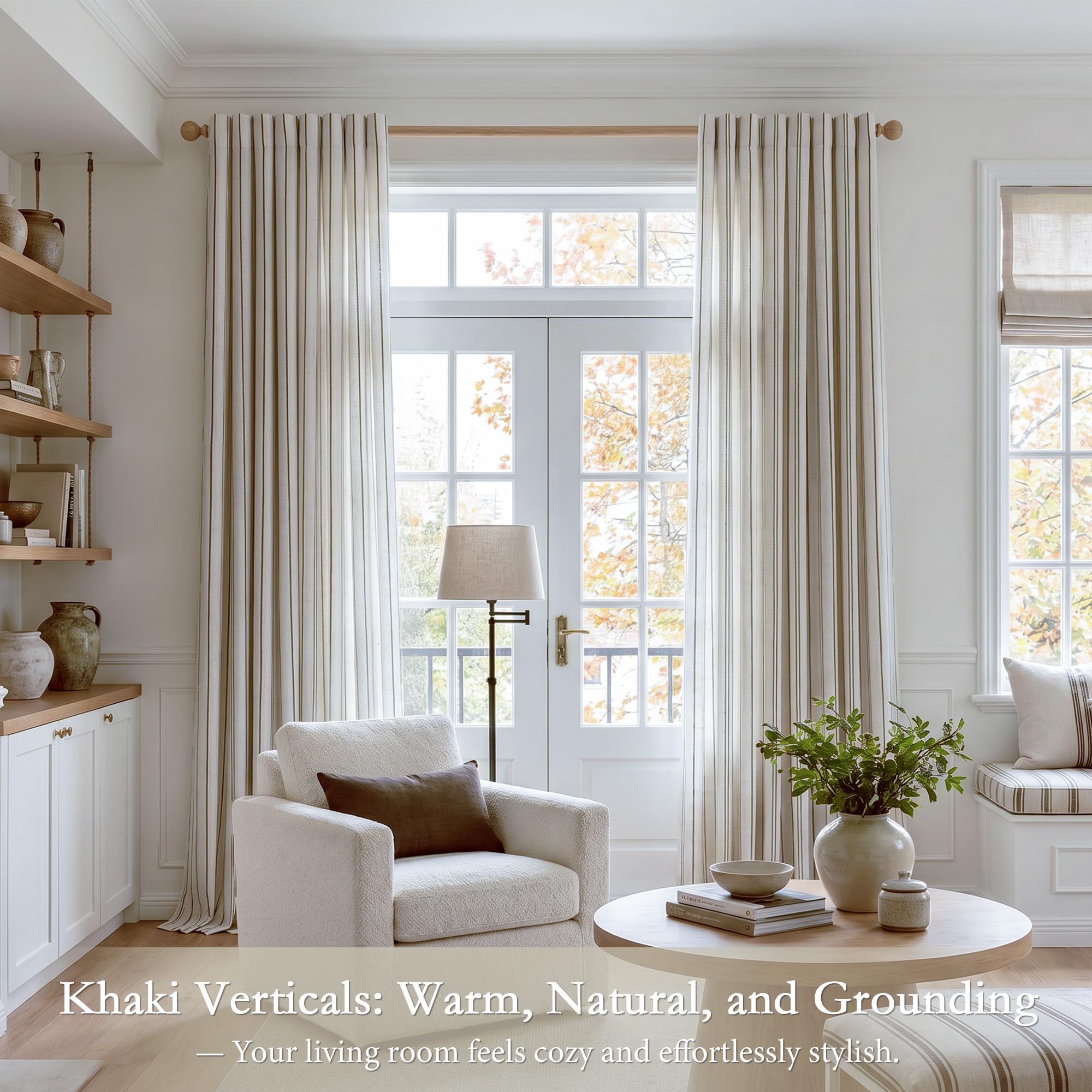 Rideau Voilage 140x245cm Lin Beige à Rayures Verticales Kaki 2er