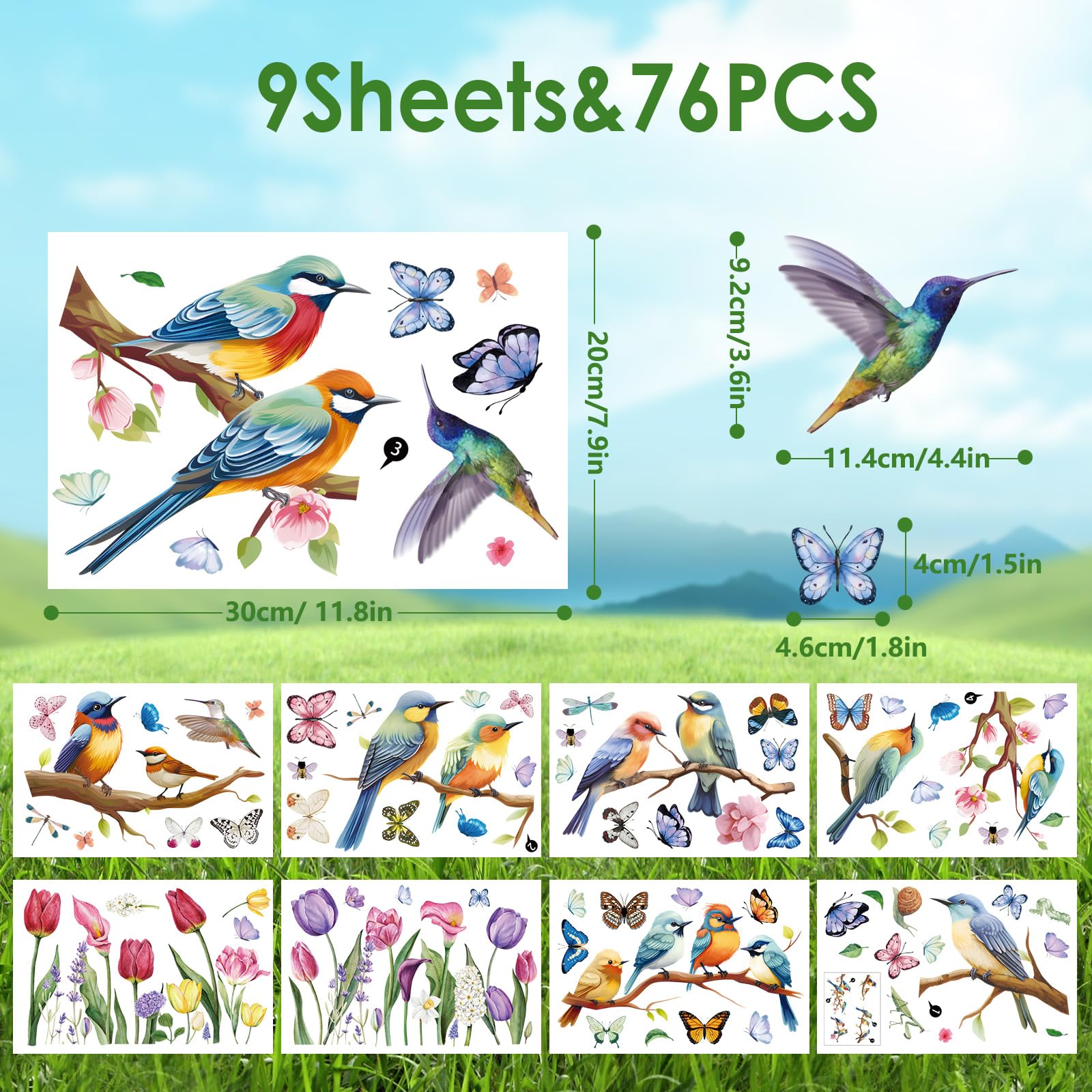 Hianjoo 76Pcs Autocollants de Fenêtre Printemps, 9 Feuilles Autocollants Anti-Collision Film pour Vitre, Papillon Branches Escargots PVC Autocollants Décoration de Printemps