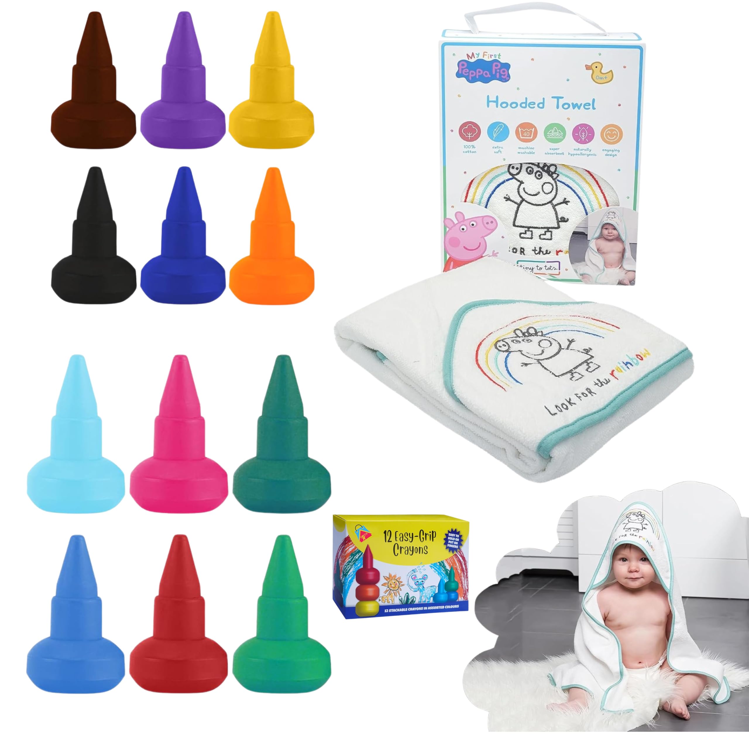 Washable Finger Crayons 12x for Kids & 1x Peppa Pig Hooded Baby Bath Towel, Non-Toxic Palm Grip Crayons & Soft Cotton Towel for Kids Perfect for Art, Bath, Travel — image 1