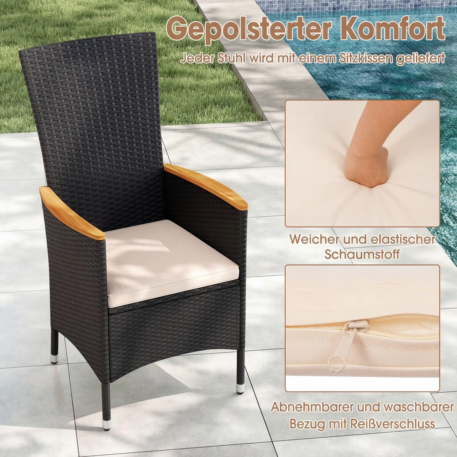 COSTWAY Gartenstühle Hochlehner 2er Set, Rattan Gartensessel, Terrassenstühle mit Sitzkissen, wetterfeste Balkonstühle bis 180 kg belastbar, für Garten, Balkon & Terrasse (Beige)