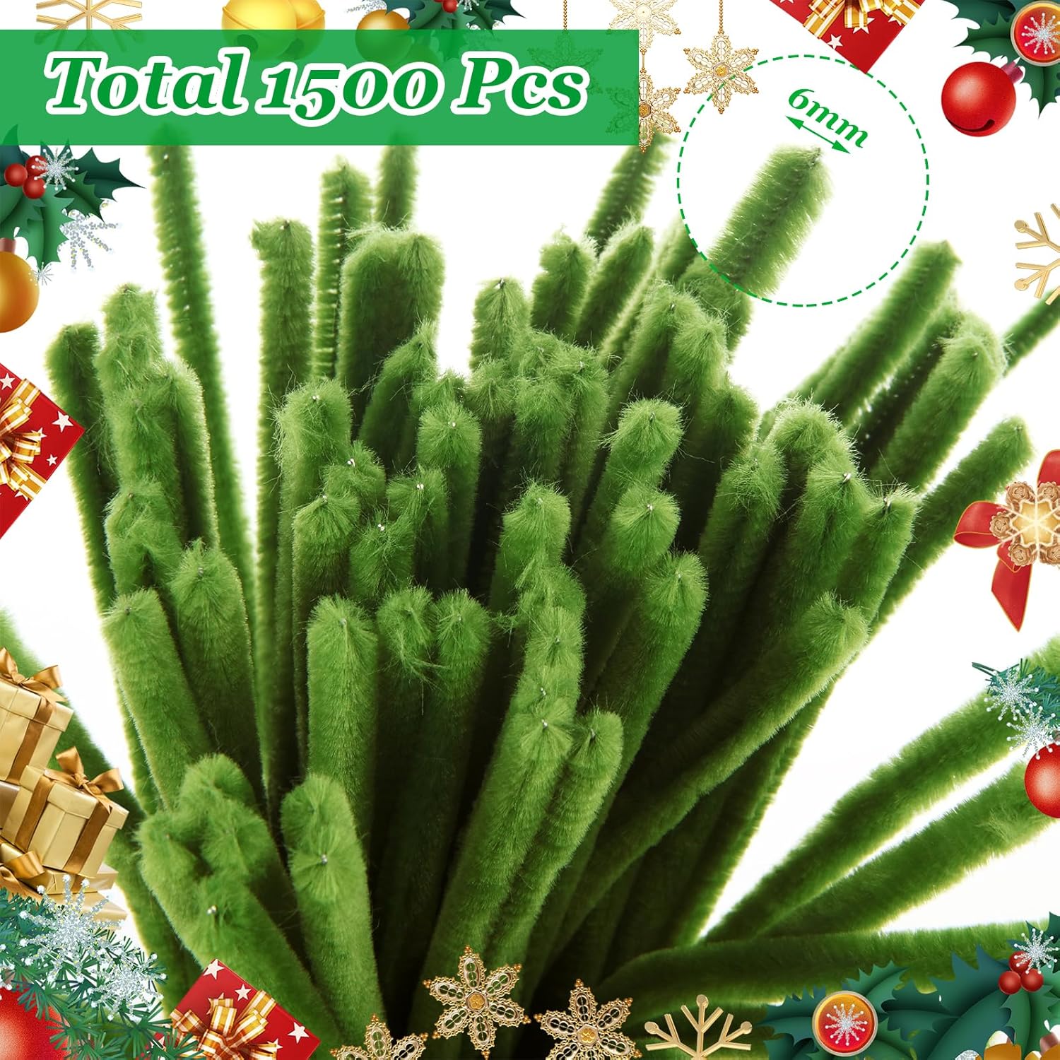 WOPPLXY 1500 Pieces Pipe Cleaners Chenille Stems, 12 Inch Craft Supplies Bulk for DIY Art and Craft Projects Creative Gift Wrapping Party Decorations (Green)