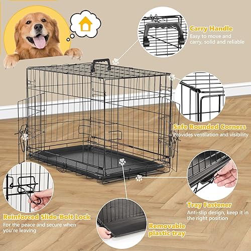 Miniatura 3 de DUMOS Jaula para Perro con Puertas Dobles, Jaula Plegable de Metal para Mascotas con Bandeja Plástica Extraíble, Perrera Grande Portátil para