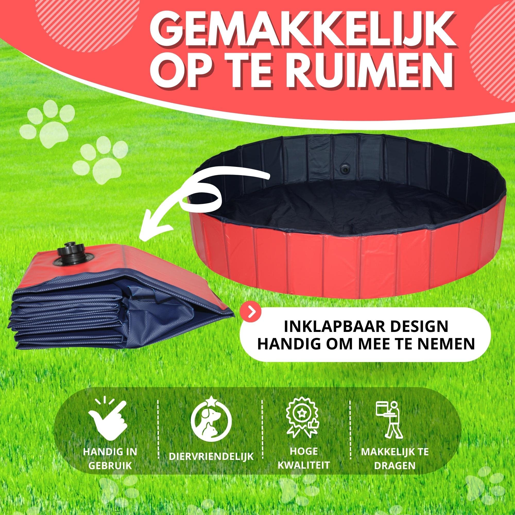 Piscine pour chiens Ø 120 x 30 cm - Bain pour chiens - Piscine pour animaux - Piscine extérieure - Pliable - PVC - Rouge/bleu - Avec peigne à brosse pour chien