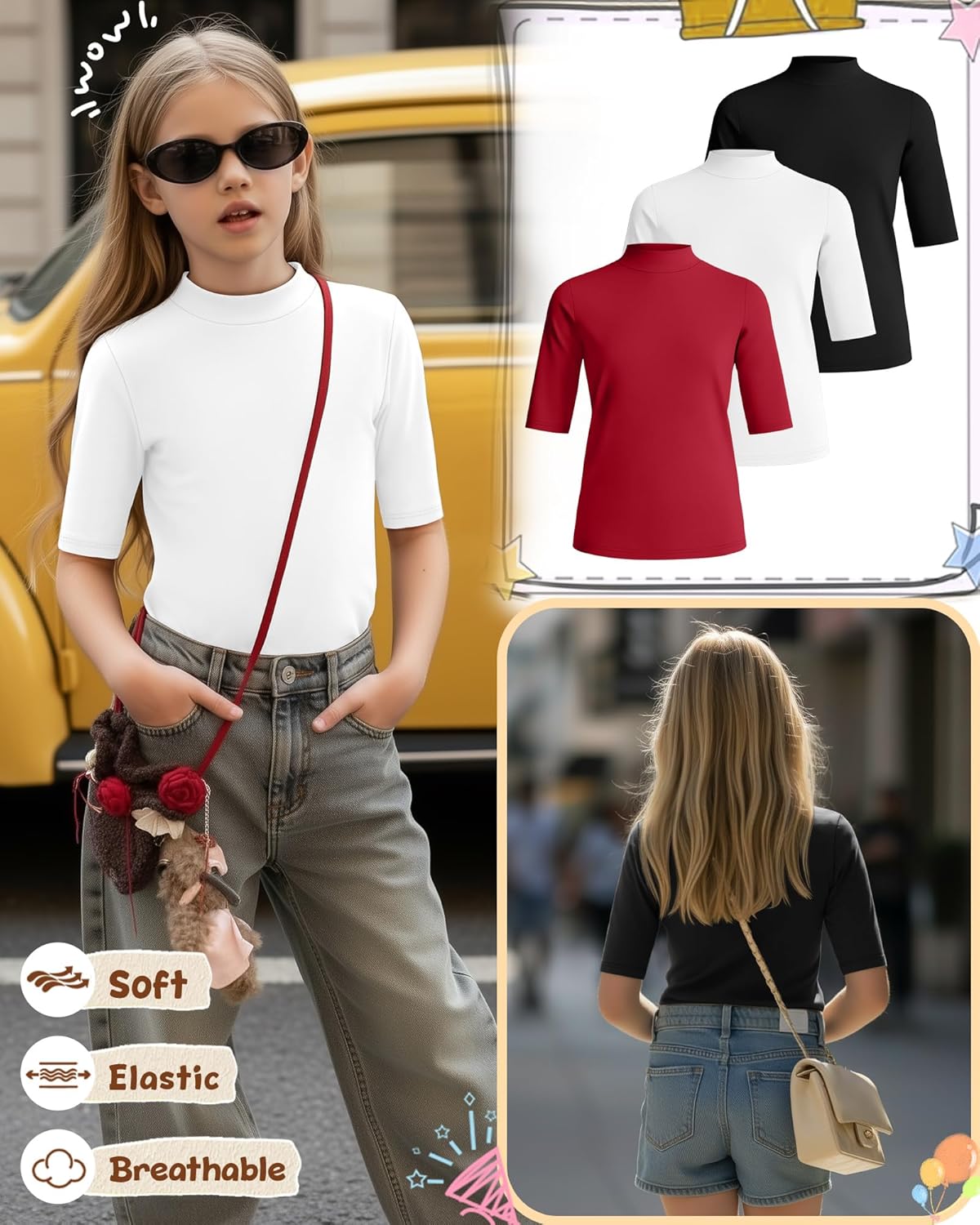 3 Pack Girls' 1/2 Sleeve Mock Turtleneck Shirts Summer Elbow Length Tops Kids Half Sleeve Basic Tees Teen Shirts - Image 3
